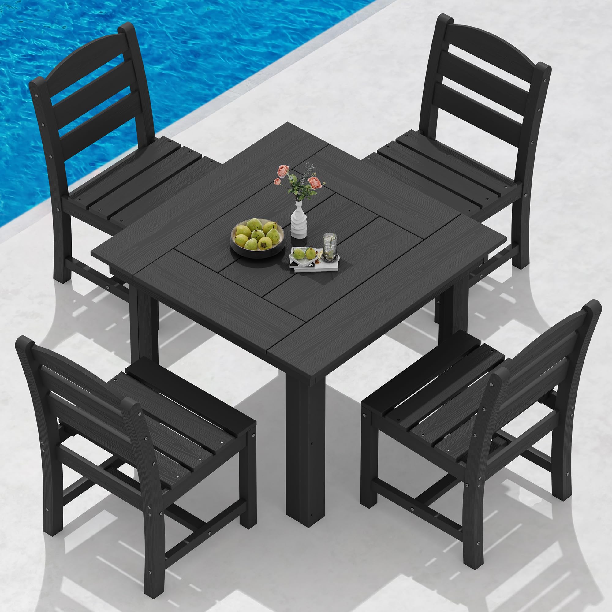 SERWALL Outdoor Dining Set for 4, HDPE Square Table and Chairs Set All Weather Patio Dining Set with 4 Classic Dining Chairs, 5-Piece Patio Dining Furniture for Deck, Brown