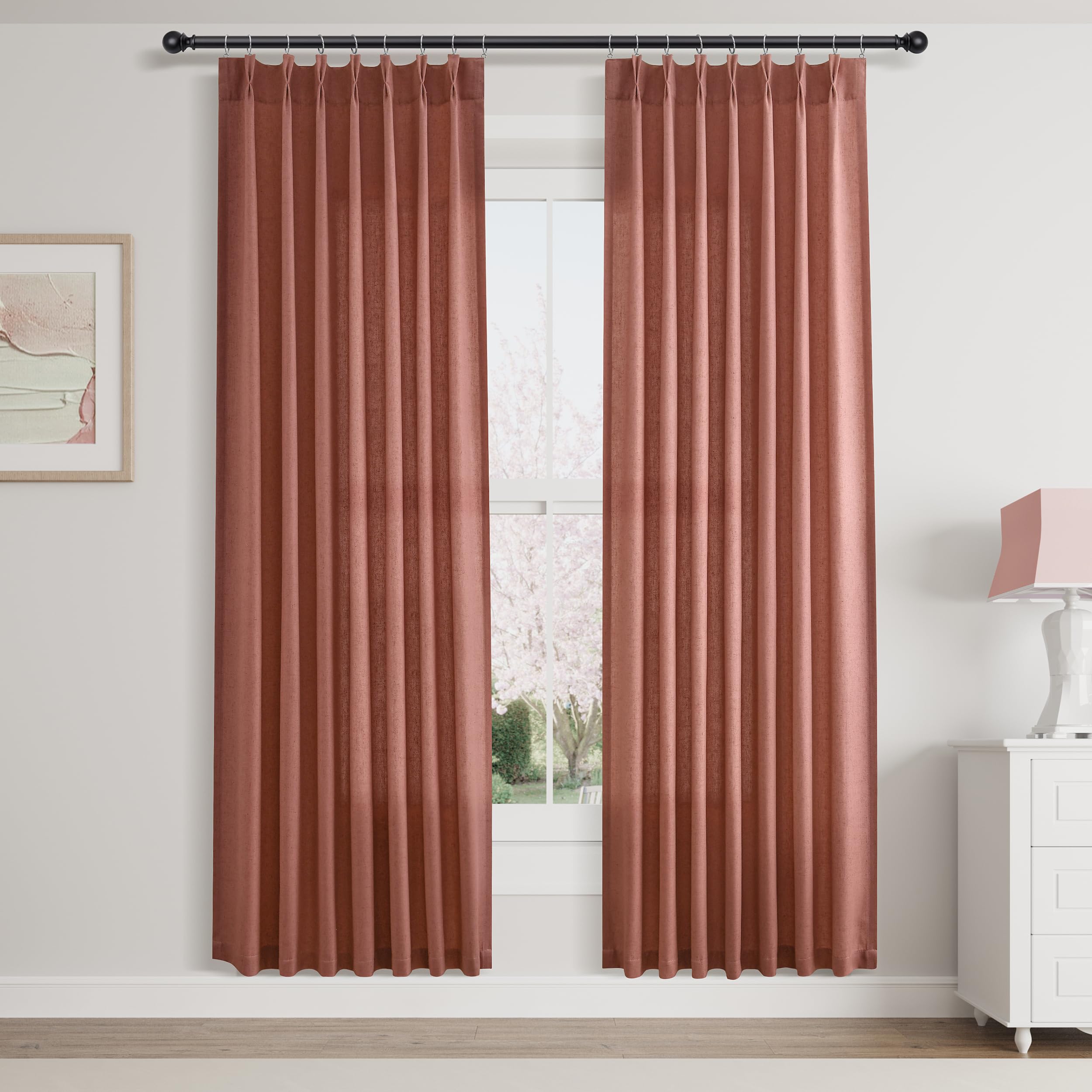 Extra Long Linen Curtains 108 Inch for Living Room Cream Pinch Pleated 9 FT Drapes Semi Sheer Ceiling to Floor Curtain for Bedroom Back Tab Flax Neutral Boho Decor Window, Natural Beige Ivory 2 Panels