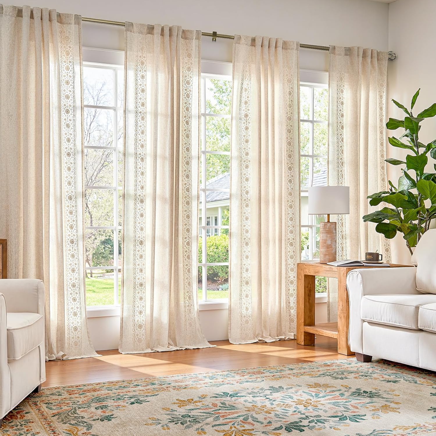 jinchan Weslie Boho Curtains for Bedroom Ivory Vintage Floral Farmhouse Curtains 84 Inches Long Linen Drapes for Living Room Embroidered Light Filtering Drapes Rod Pocket Ivory on Beige 2 Panels
