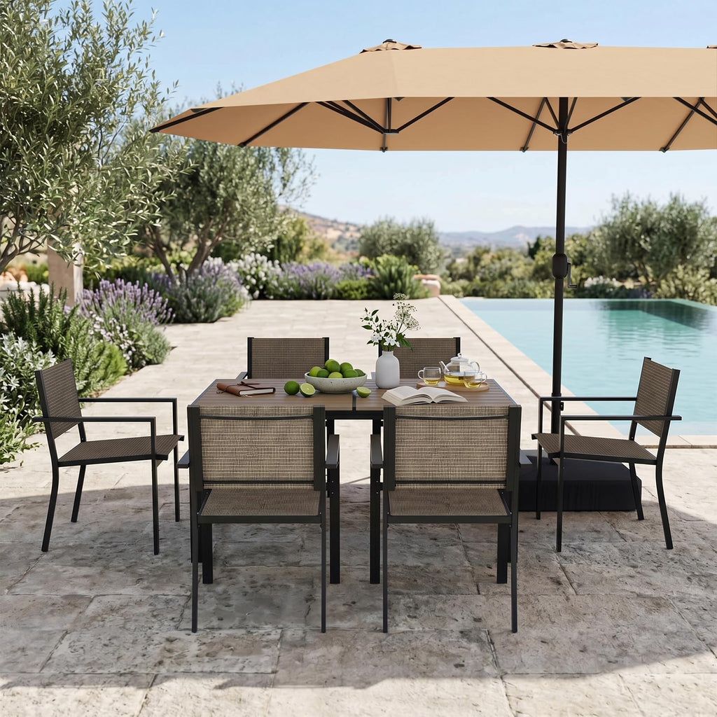 Aoxun 7-Piece Patio Table and Chairs Set for 6, All Weather Outdoor Dining Set with 6 Textilene Chairs and 1 Rectangular Metal Table, Patio Dining Sets for Backyard, Garden and Poolside, Brown