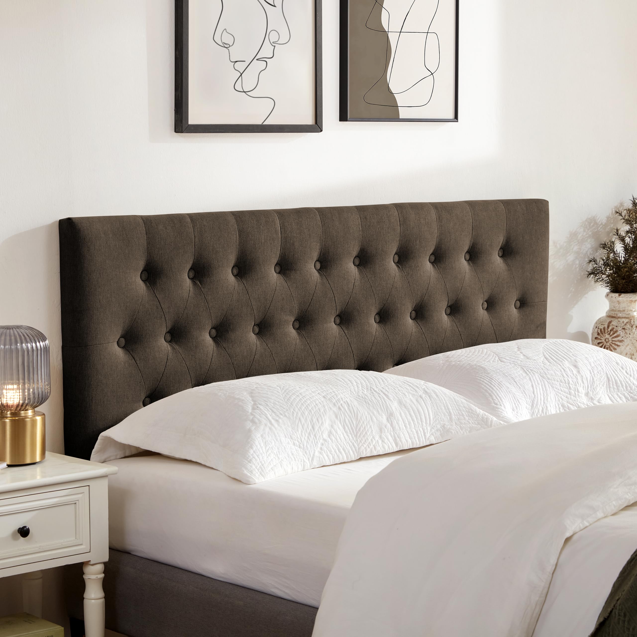 Huatean Home Tufted Upholstered Headboard Queen Size, Solid Wood Head Board with Durable Metal Legs, Adjustable Height Bed headboard from 37” to 51” Fabric Headboard in Modern Button Design, Beige
