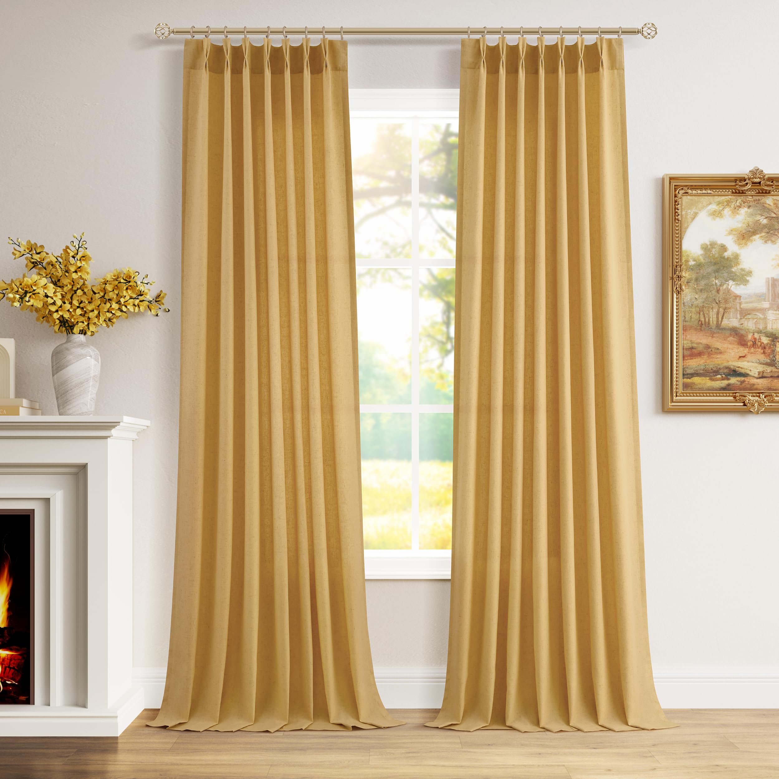 Extra Long Linen Curtains 108 Inch for Living Room Cream Pinch Pleated 9 FT Drapes Semi Sheer Ceiling to Floor Curtain for Bedroom Back Tab Flax Neutral Boho Decor Window, Natural Beige Ivory 2 Panels