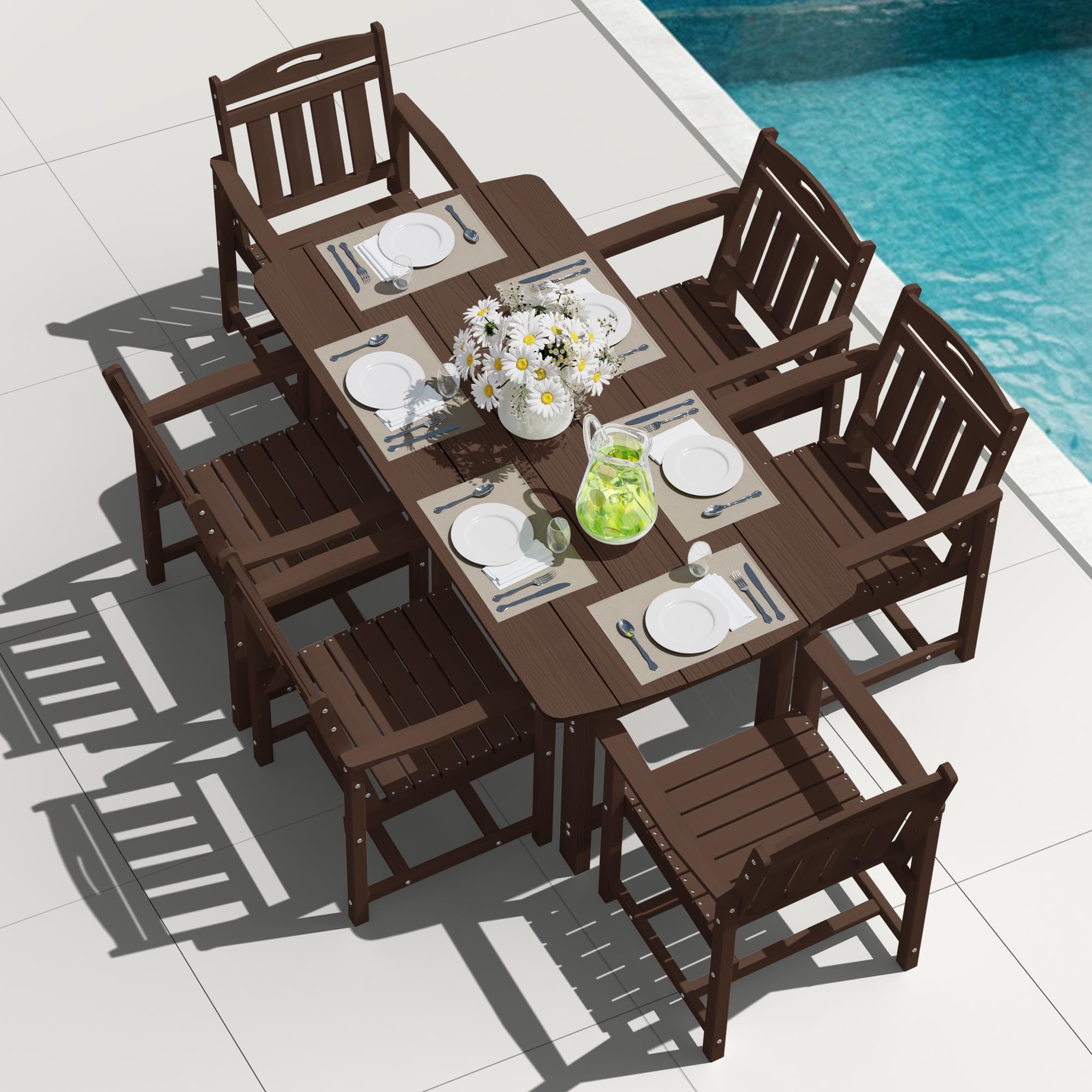 HDPE Outdoor Dining Set, Patio Table and Chairs Set, All-Weather 7-Piece Outside Table and 6 Chairs, 2" Umbrella Hole, Outdoor Furniture for Garden, Poolside, Backyard, Deck | Black