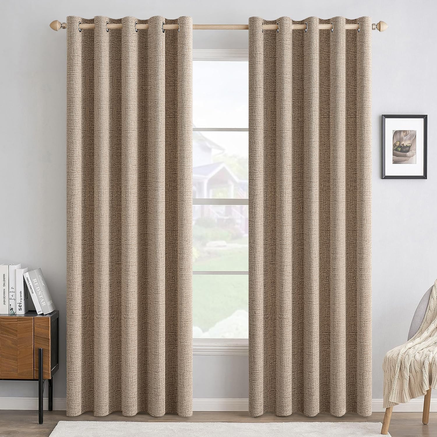 MIULEE 100% Blackout Linen Textured Curtains for Bedroom Solid Thermal Insulated Natural Beige Grommet Room Darkening Curtains & Drapes Luxury Decor for Living Room Nursery 52 x 96 Inch (2 Panels)