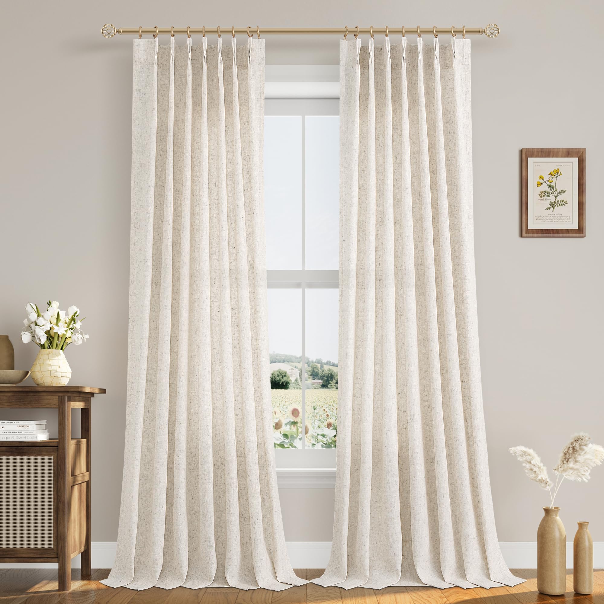 Extra Long Linen Curtains 108 Inch for Living Room Cream Pinch Pleated 9 FT Drapes Semi Sheer Ceiling to Floor Curtain for Bedroom Back Tab Flax Neutral Boho Decor Window, Natural Beige Ivory 2 Panels