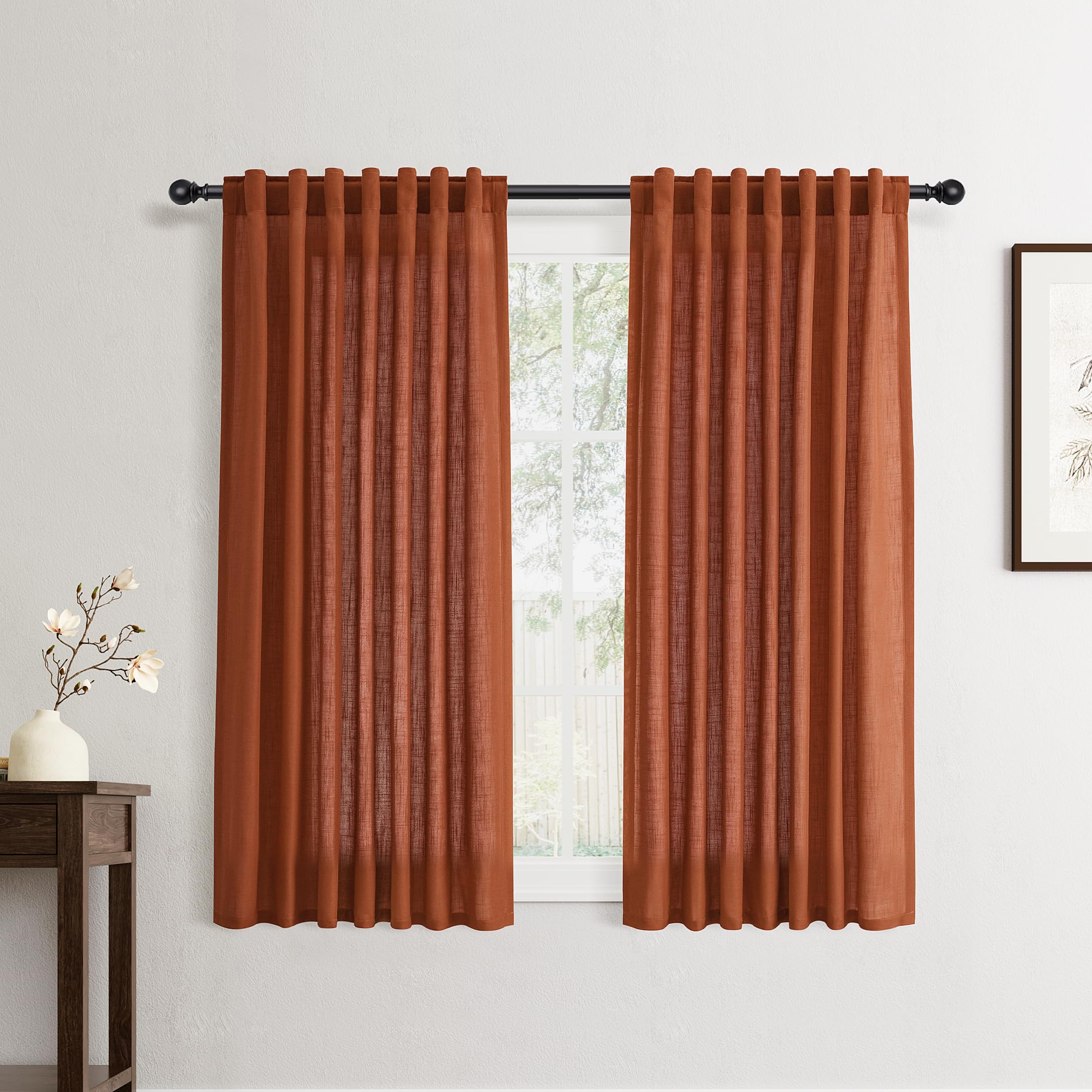 Flax Linen Beige Curtains 96 inches Long 2 Panel for Living Room Back Tab Pocket Drapes Semi Sheer Privacy Khaki Window Curtain Country Rustic Farmhouse Cloth Curtain for Dinning Room Tan