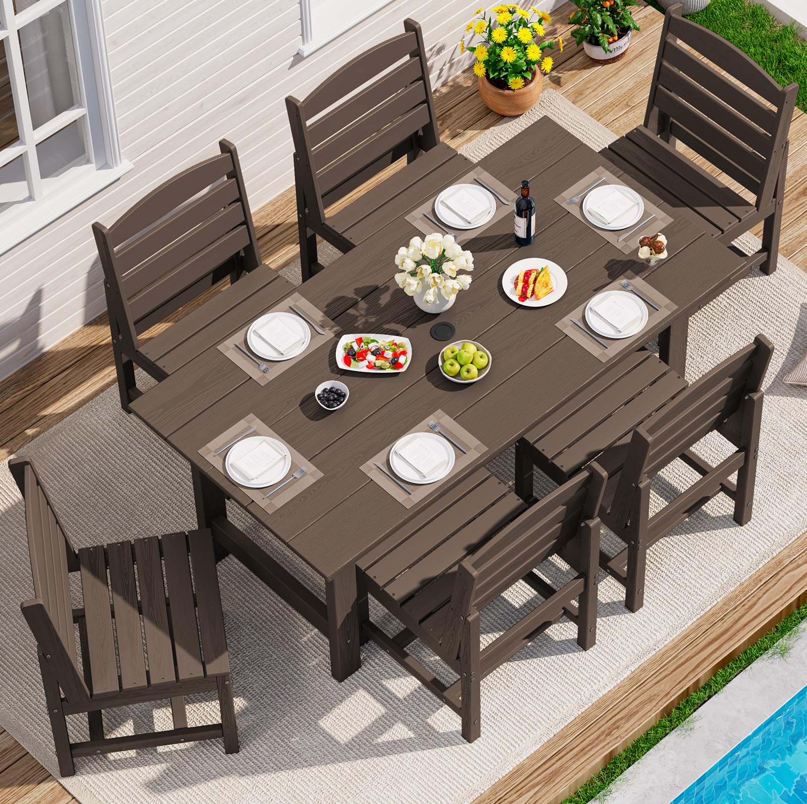 SERWALL Patio Dining Sets for 6 Person, HDPE Dining Set with 6 Armless Chairs, Black