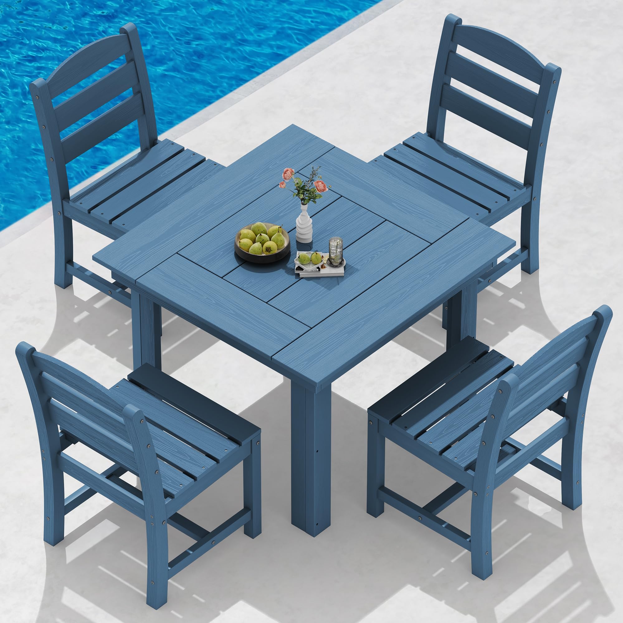 SERWALL Outdoor Dining Set for 4, HDPE Square Table and Chairs Set All Weather Patio Dining Set with 4 Classic Dining Chairs, 5-Piece Patio Dining Furniture for Deck, Brown