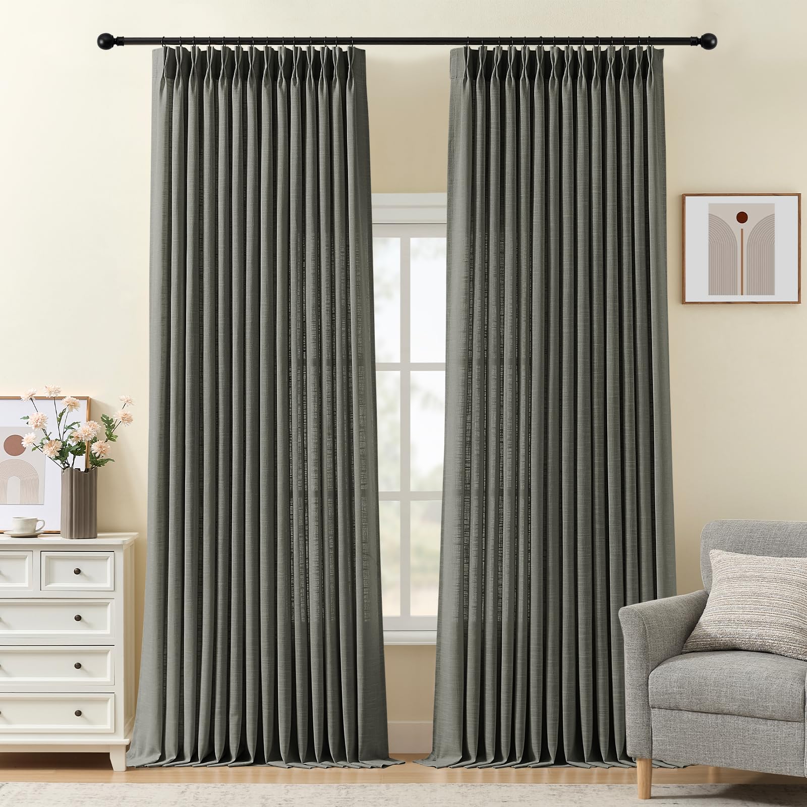 Pinch Pleated Linen Curtains 84 Inch Length 2 Panels Set, Light Filtering Linen Blend Sheer Drapes Memory Trained Pleated Curtain Back Tab with Hooks Rings for Living Room Bedroom, Natural, W40xL84