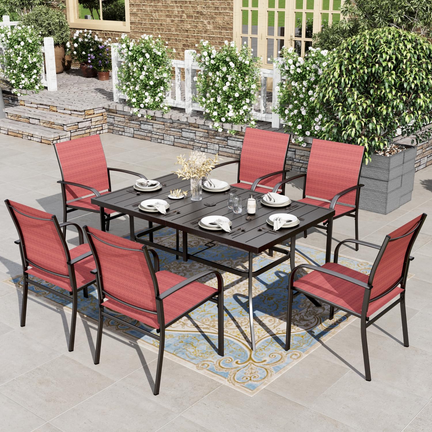 HERA'S HOUSE Patio Table and Chairs for 6, 7 Pieces Outdoor Deck Dining Sets, Wood-Like Rectangular Metal Table Set with Chairs for Lawn Garden Backyard, Brown