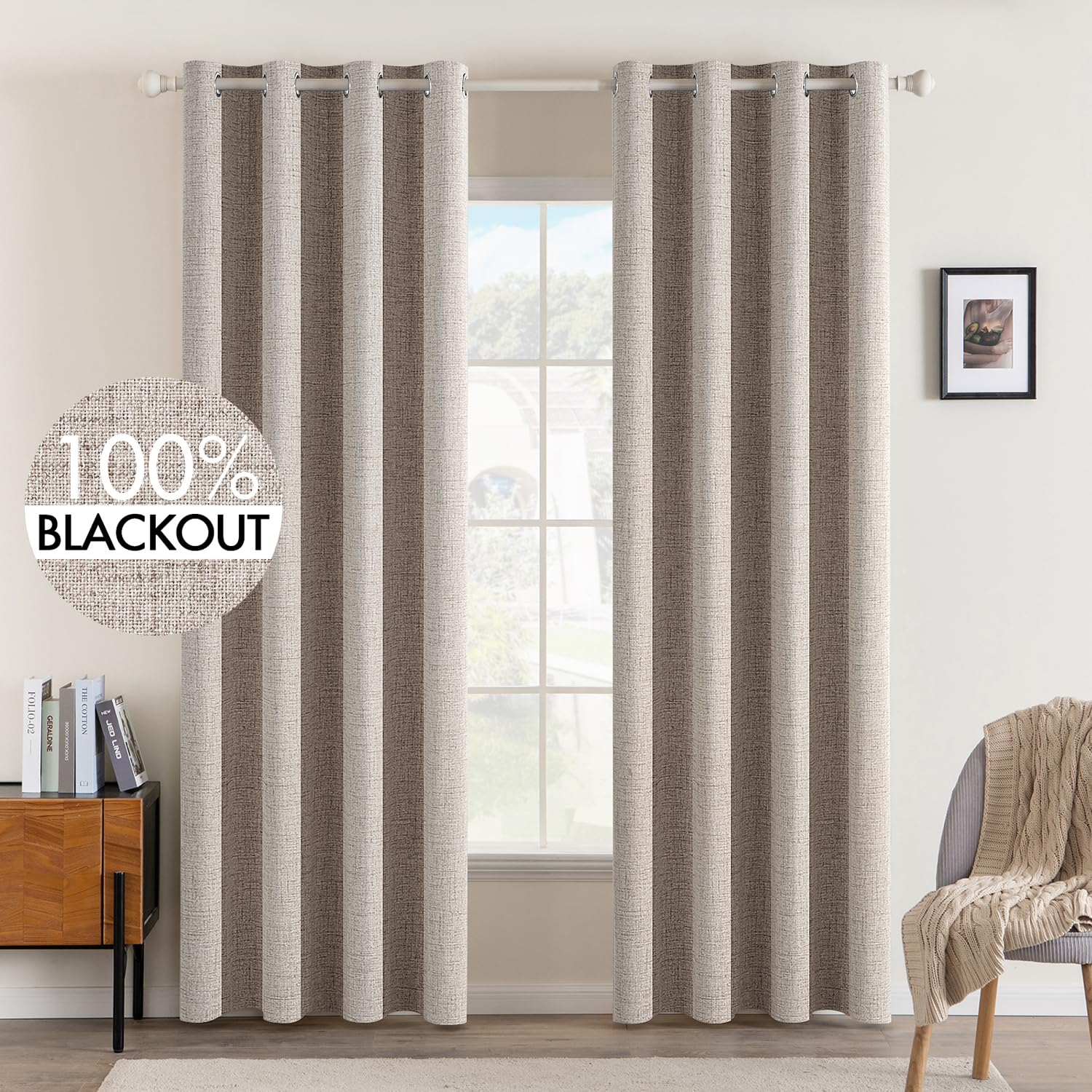 MIULEE Linen Texture Curtains for Bedroom Solid 100% Blackout Thermal Insulated Dusty Blue Curtains Grommet Room Darkening Drapes Luxury Decor for Living Room Nursery 52x84 Inch (2 Panels)