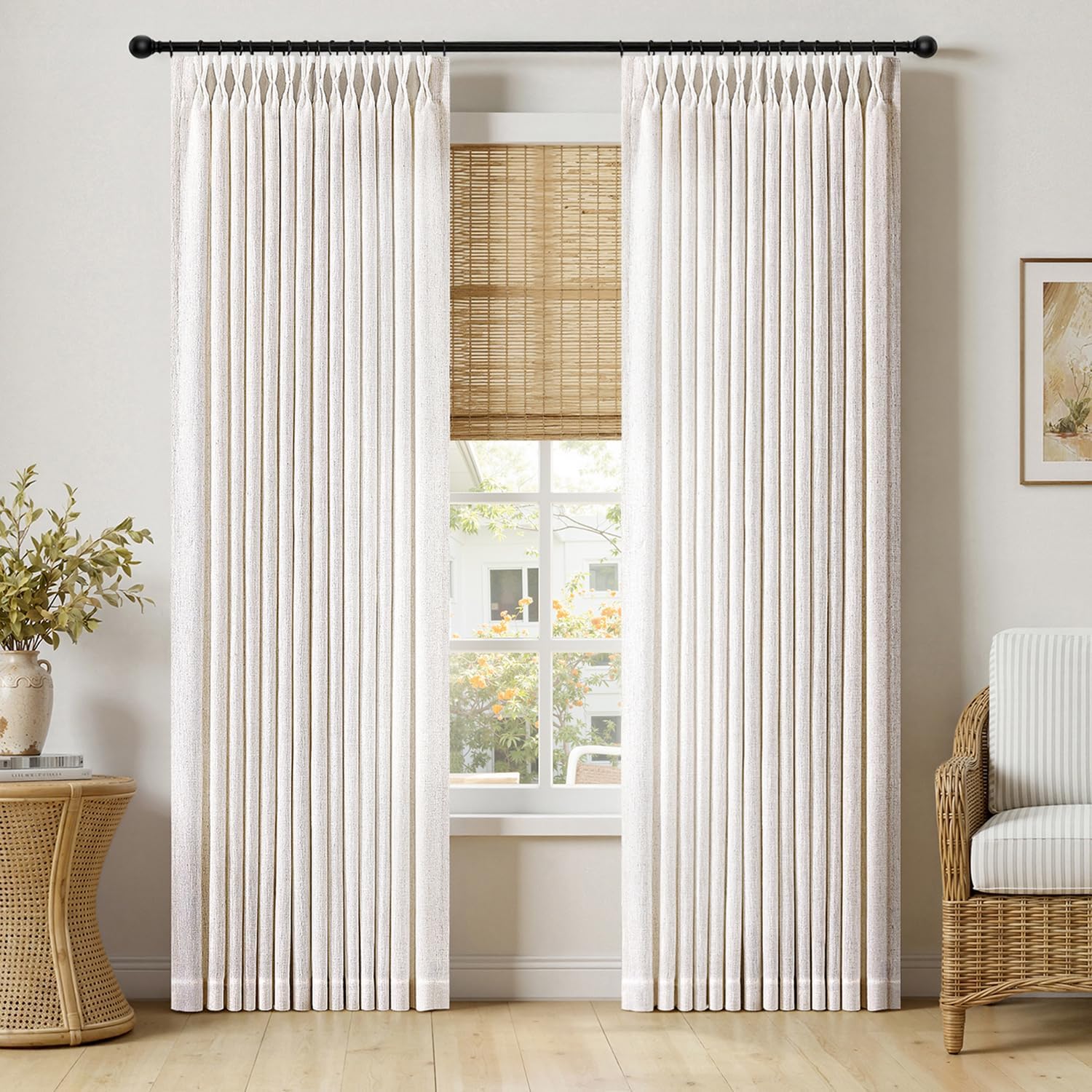 MIULEE Pinch Pleated Thick Linen Curtains 90 Inches Long 2 Panels for Living Room Bedroom, Memory Trained Pinch Pleat Drapes Back Tab Light Filtering Natural Ivory Cream Window Curtains with Hooks