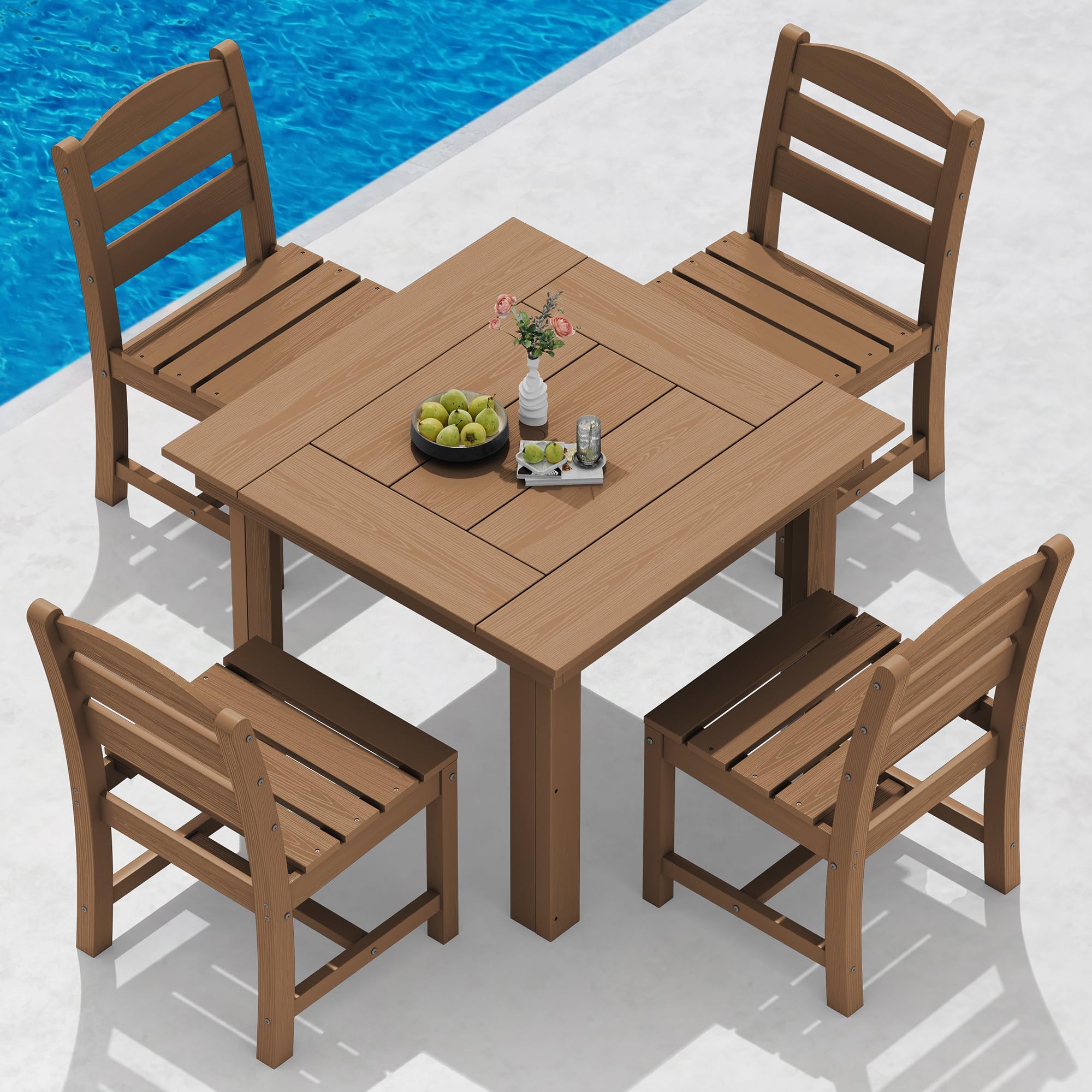 SERWALL Outdoor Dining Set for 4, HDPE Square Table and Chairs Set All Weather Patio Dining Set with 4 Classic Dining Chairs, 5-Piece Patio Dining Furniture for Deck, Brown