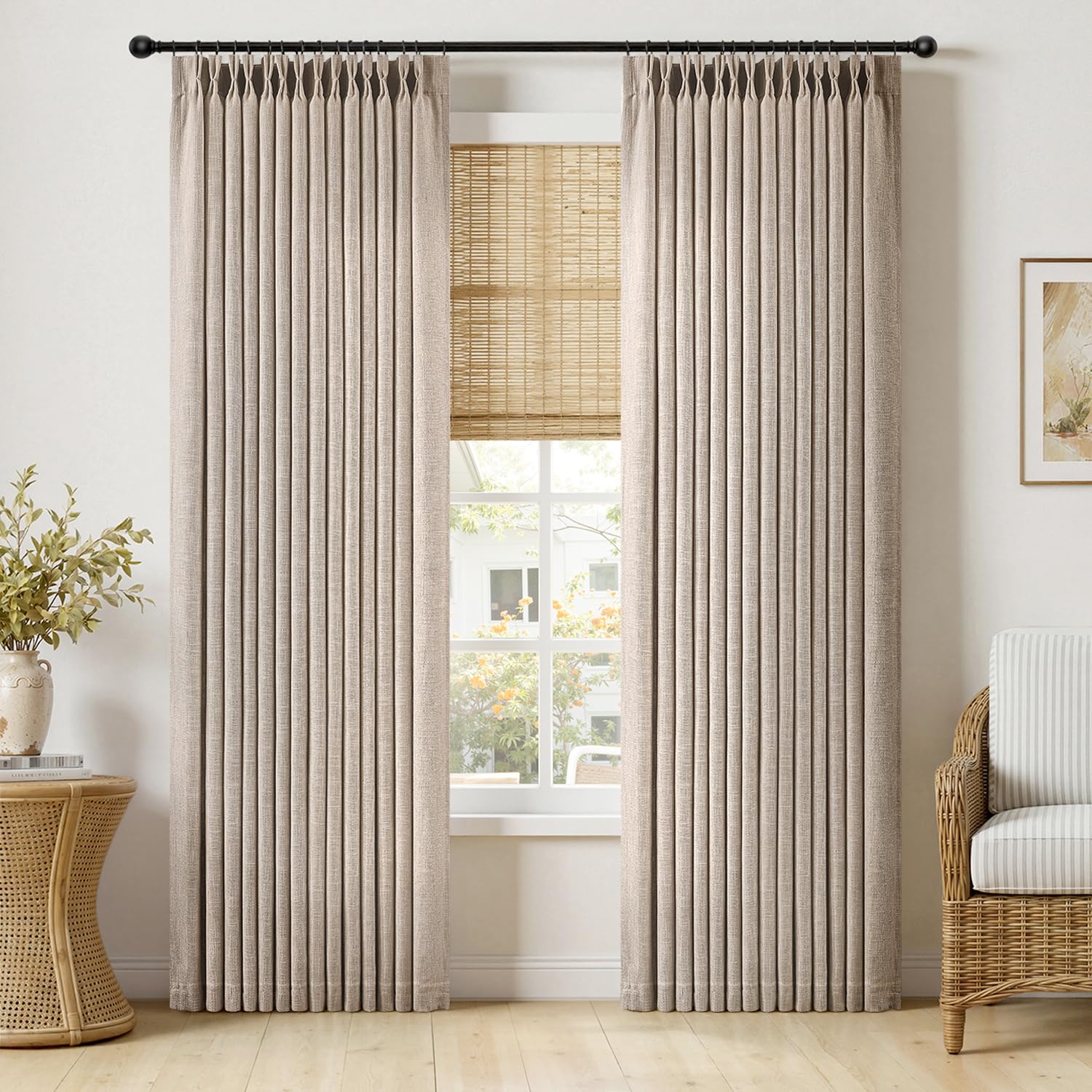 MIULEE Pinch Pleated Thick Linen Curtains 90 Inches Long 2 Panels for Living Room Bedroom, Memory Trained Pinch Pleat Drapes Back Tab Light Filtering Natural Ivory Cream Window Curtains with Hooks