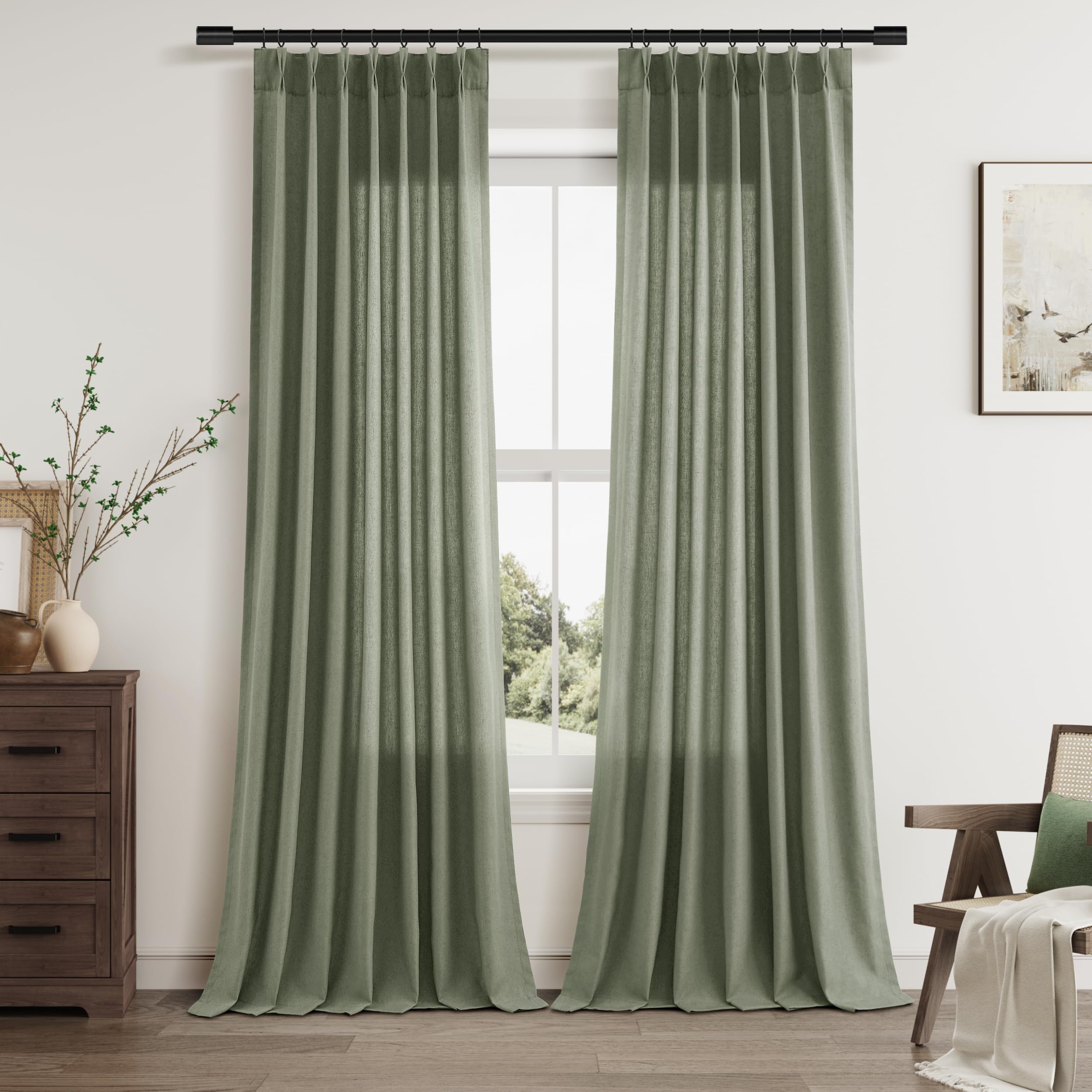 Extra Long Linen Curtains 108 Inch for Living Room Cream Pinch Pleated 9 FT Drapes Semi Sheer Ceiling to Floor Curtain for Bedroom Back Tab Flax Neutral Boho Decor Window, Natural Beige Ivory 2 Panels