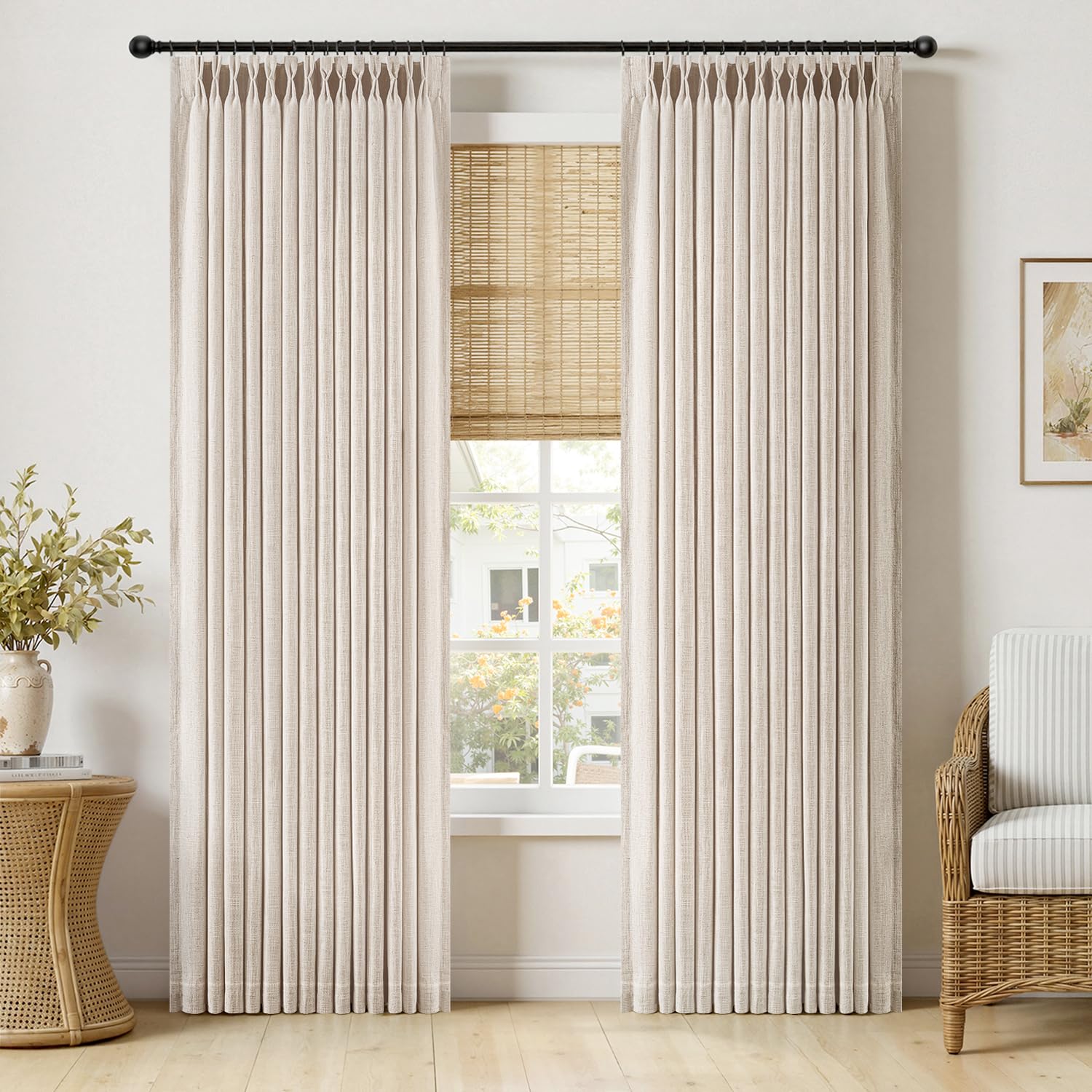MIULEE Pinch Pleated Thick Linen Curtains 90 Inches Long 2 Panels for Living Room Bedroom, Memory Trained Pinch Pleat Drapes Back Tab Light Filtering Natural Ivory Cream Window Curtains with Hooks