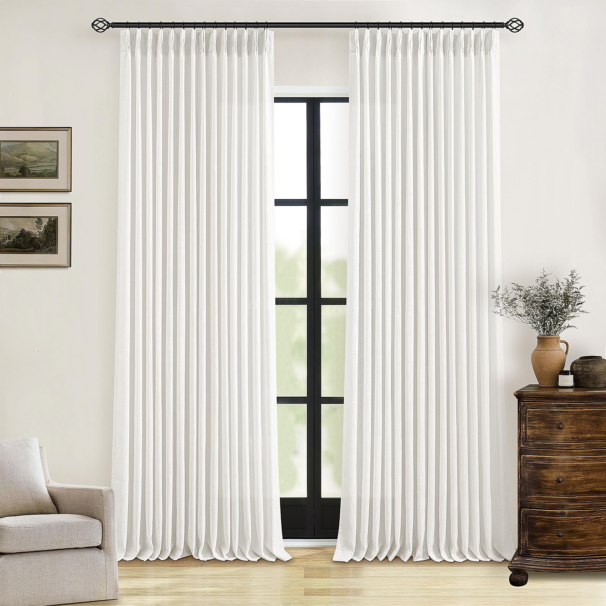 Pinch Pleated Linen Curtains 108 Inches Long for Living Room 2 Panels Set Cream Ivory Flax Double Pleated Drapes Back Tab Neutral Boho Ceiling Floor 108 Inch Window Curtains Bedroom Natural Birch