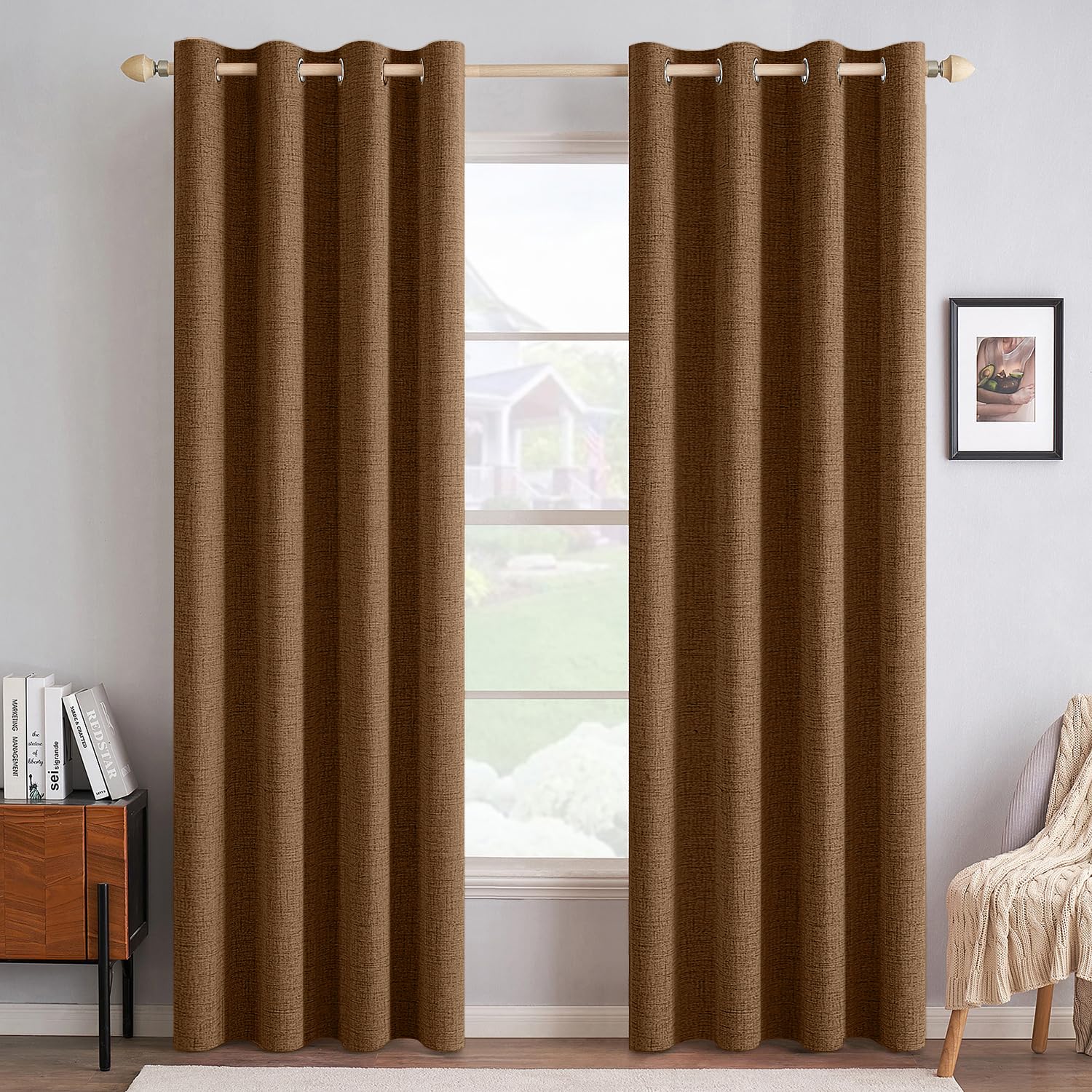 MIULEE 100% Blackout Linen Textured Curtains for Bedroom Solid Thermal Insulated Natural Beige Grommet Room Darkening Curtains & Drapes Luxury Decor for Living Room Nursery 52 x 96 Inch (2 Panels)