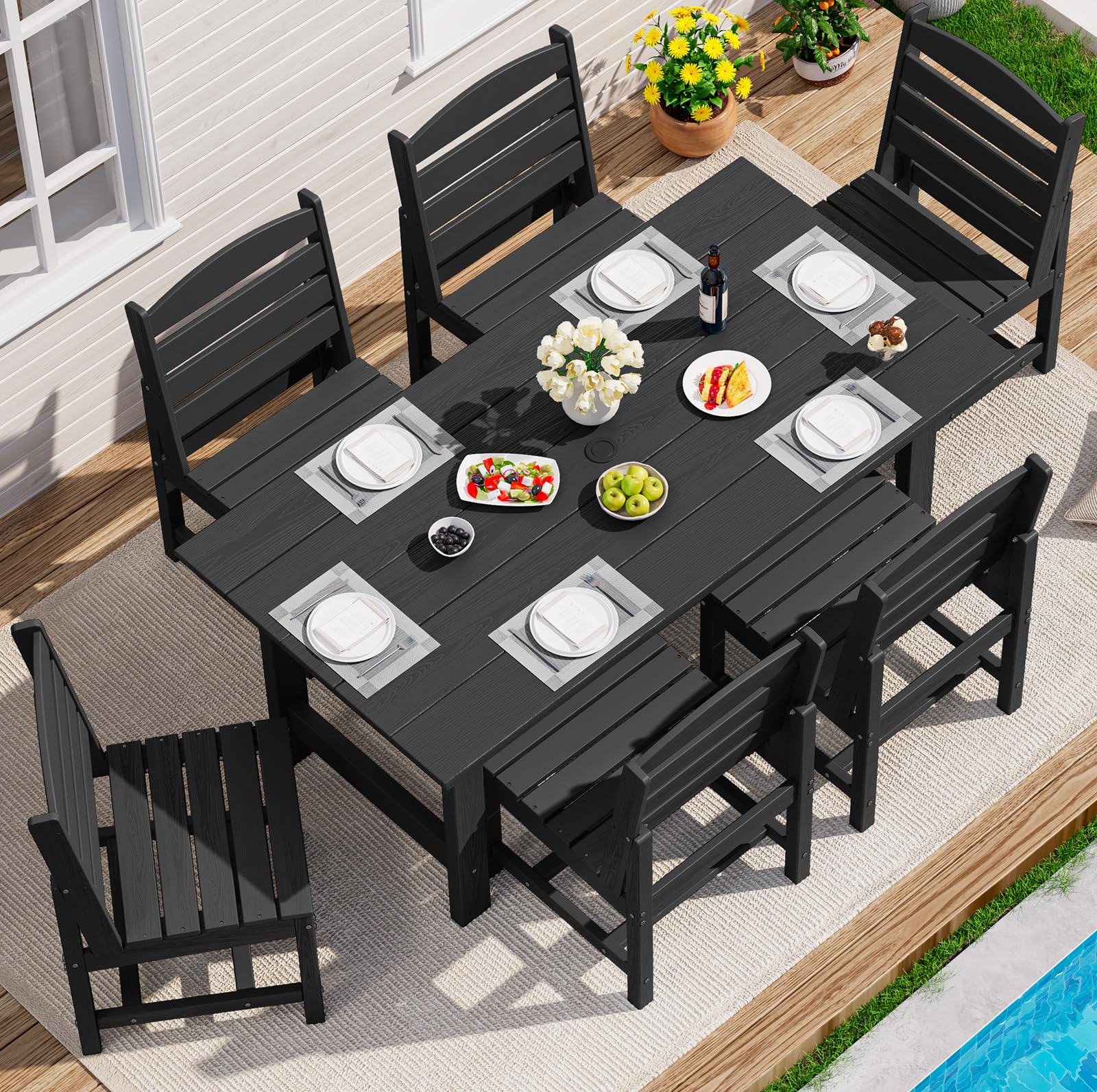 SERWALL 7-Piece Patio Dining Table Sets, Outdoor HDPE Dining Furniture Set with Umbrella Hole Cut-Out Table and 6 Chairs, Blue