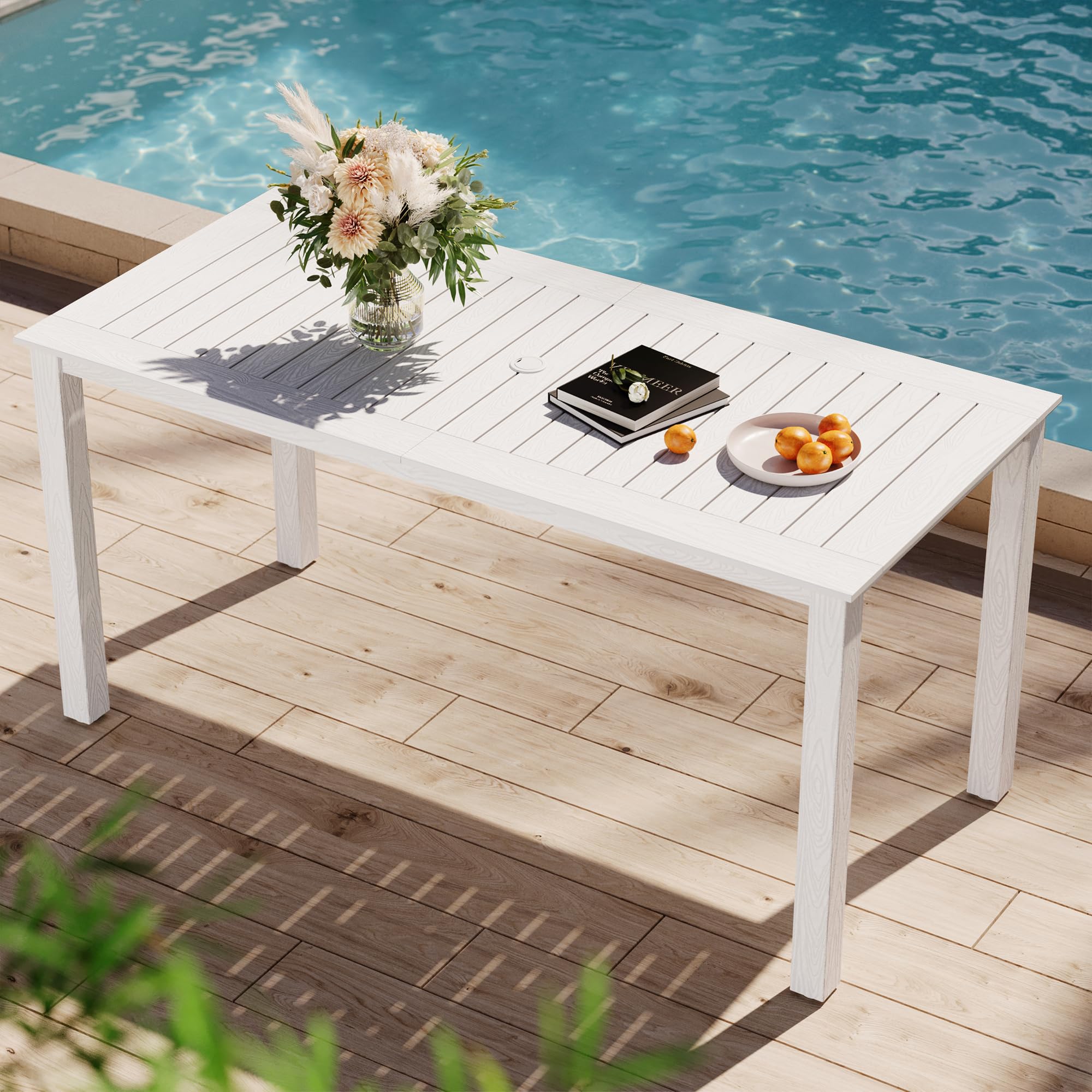 YEFU HIPS Patio Table Set: 7 Piece Outdoor Table and Chairs Dining Furniture Set with Umbrella Hole - Teak Modern Plastic Dining Sets 6 Person for Outside Deck with Metal Aluminum Frame