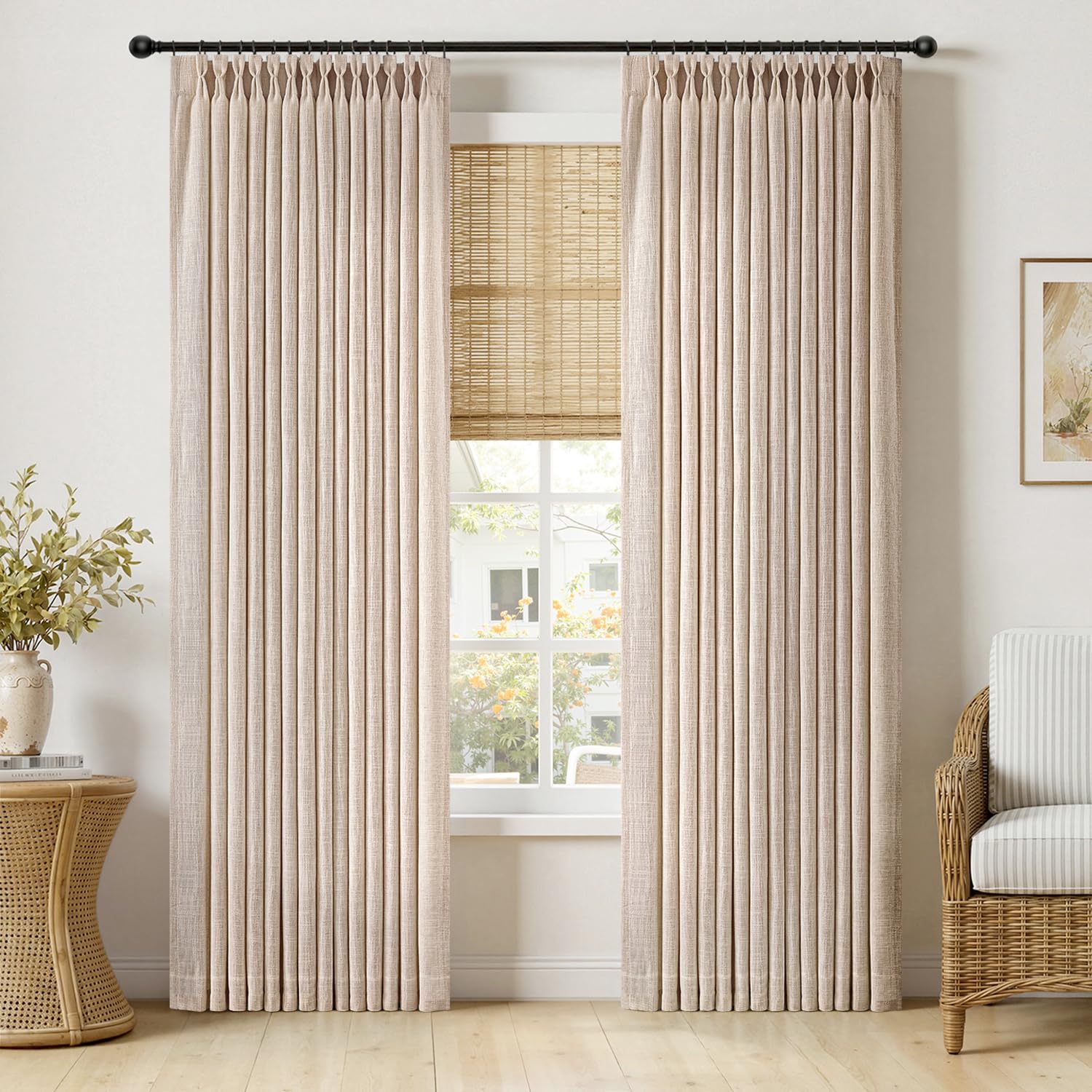 MIULEE Pinch Pleated Thick Linen Curtains 90 Inches Long 2 Panels for Living Room Bedroom, Memory Trained Pinch Pleat Drapes Back Tab Light Filtering Natural Ivory Cream Window Curtains with Hooks