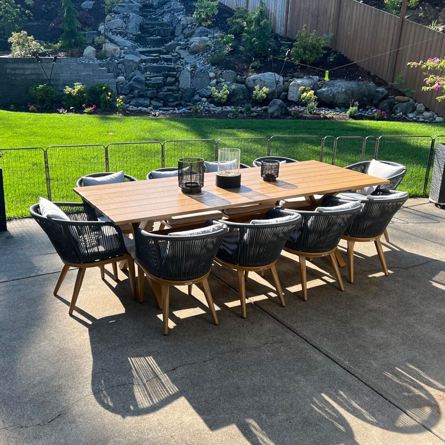 PURPLE LEAF 9 Pieces Patio Dining Set Wicker Outdoor Furniture Rectangular Table and Chairs Set for Garden Deck Teak-Finish Aluminum Frame Backyard Kitchen Set, Cushions and Pillows Included