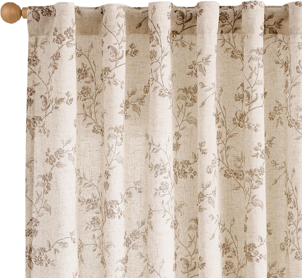 jinchan Linen Floral Curtains for Living Room 96 Inch Length Taupe Printed Curtains Back Tab French Country Farmhouse Flower Patterned Drapes Bedroom Window Curtain Set 2 Panels