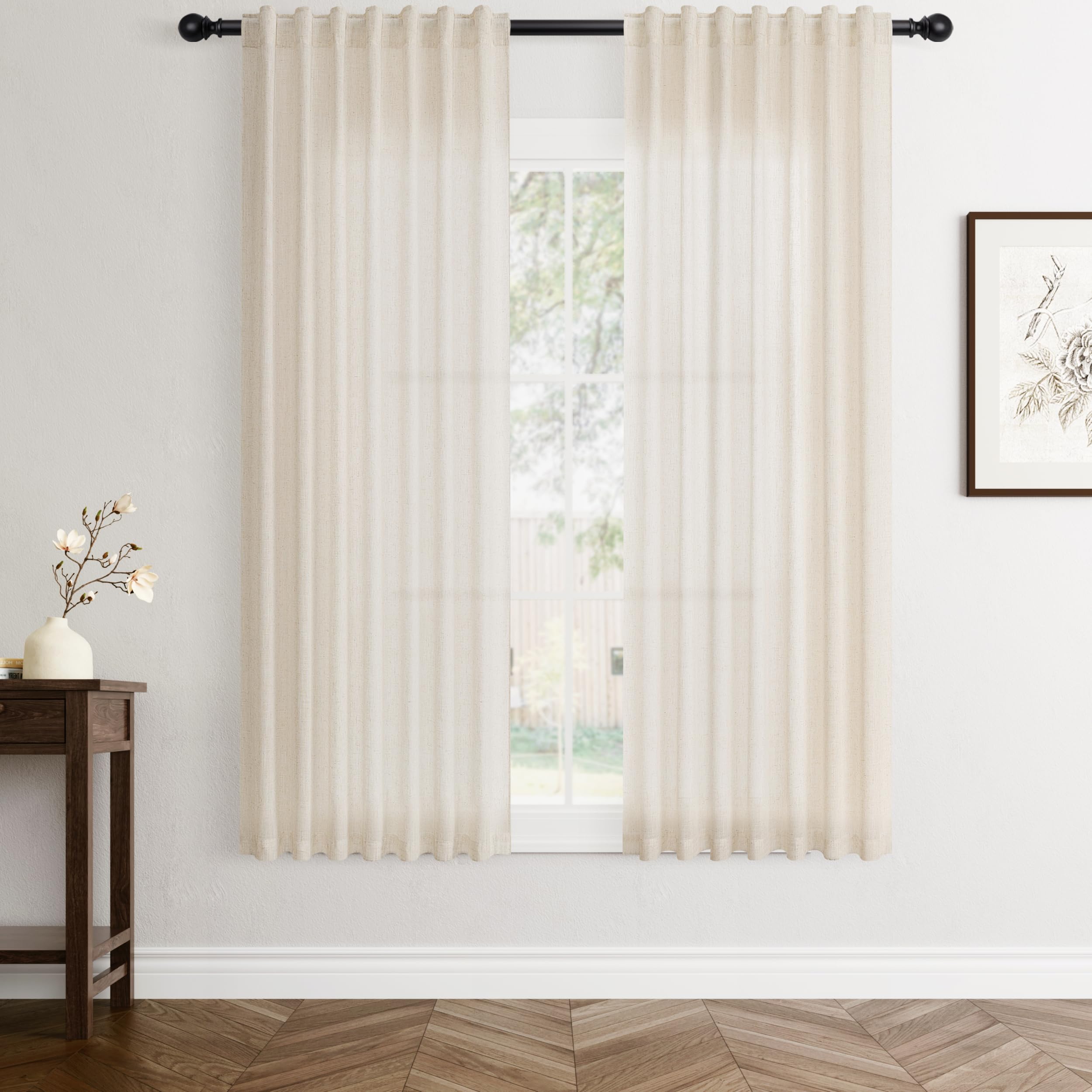 Flax Linen Beige Curtains 96 inches Long 2 Panel for Living Room Back Tab Pocket Drapes Semi Sheer Privacy Khaki Window Curtain Country Rustic Farmhouse Cloth Curtain for Dinning Room Tan