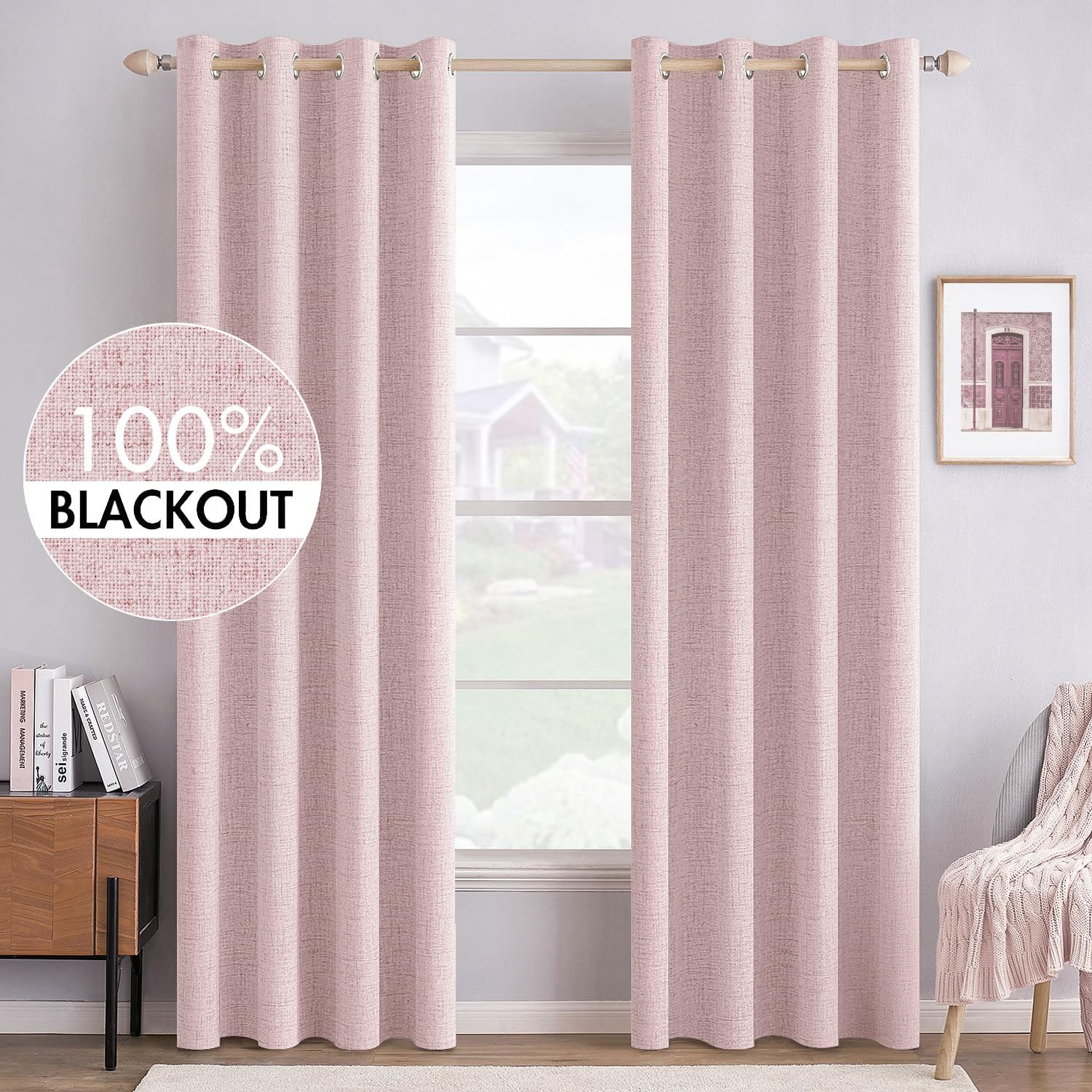 MIULEE Linen Texture Curtains for Bedroom Solid 100% Blackout Thermal Insulated Dusty Blue Curtains Grommet Room Darkening Drapes Luxury Decor for Living Room Nursery 52x84 Inch (2 Panels)