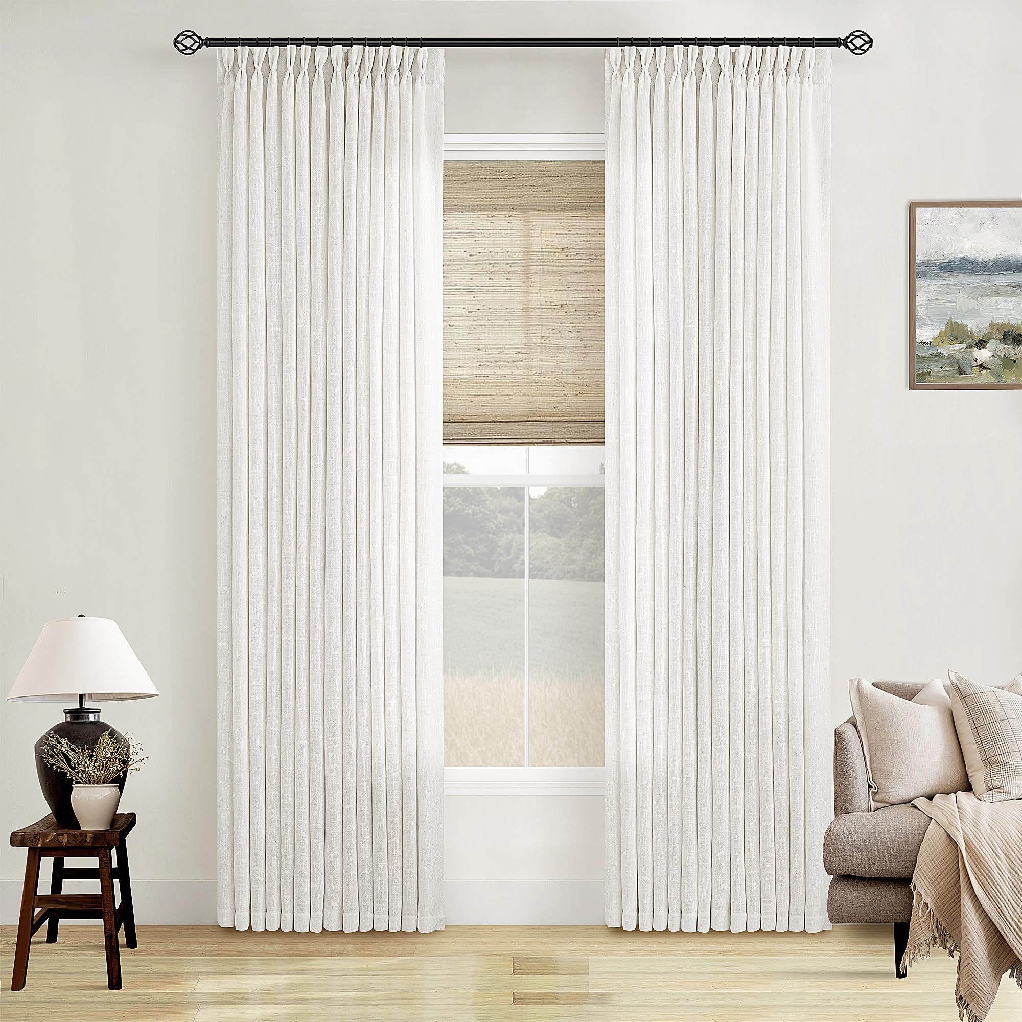 Pinch Pleated Linen Curtains 108 Inches Long for Living Room 2 Panels Set Cream Ivory Flax Double Pleated Drapes Back Tab Neutral Boho Ceiling Floor 108 Inch Window Curtains Bedroom Natural Birch