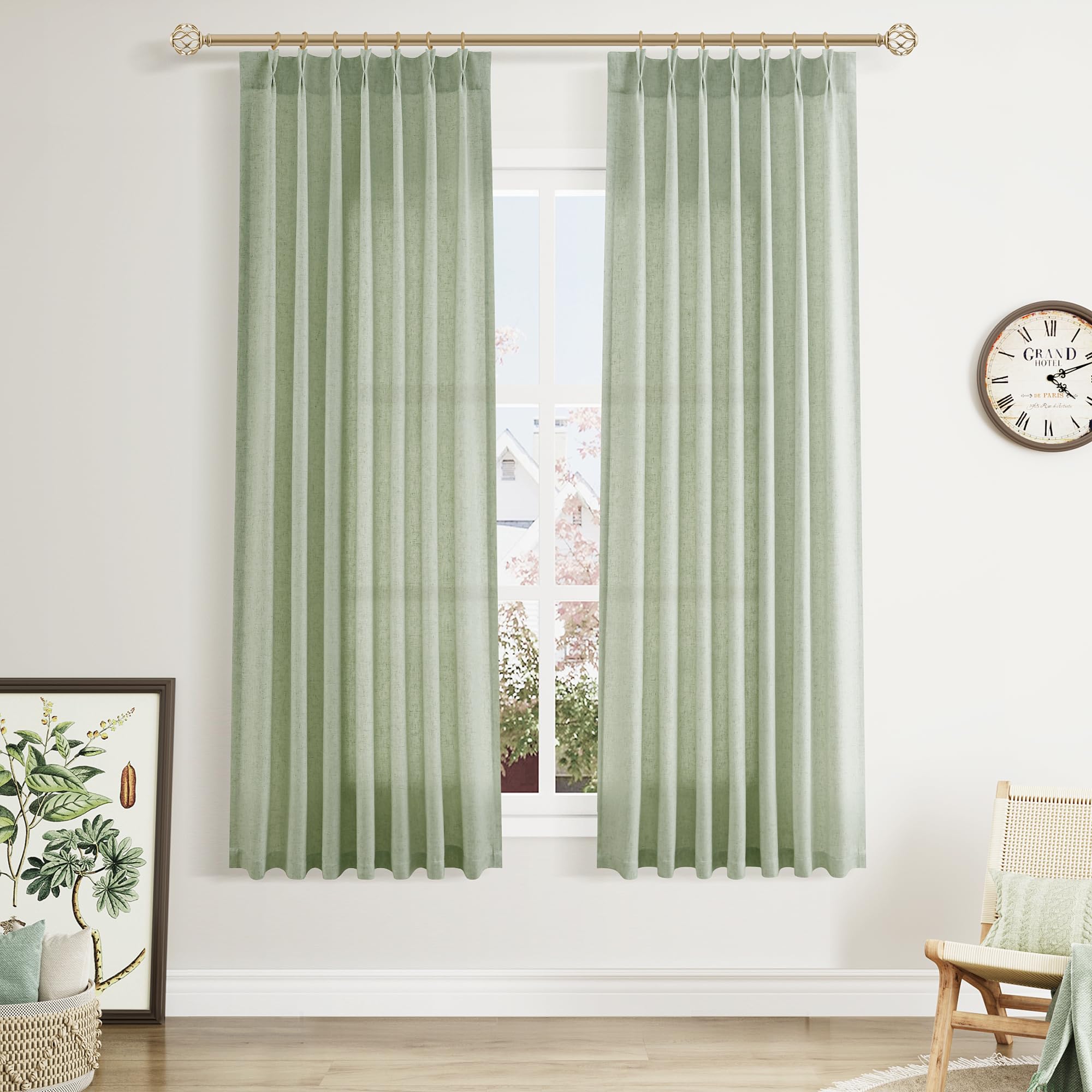 Extra Long Linen Curtains 108 Inch for Living Room Cream Pinch Pleated 9 FT Drapes Semi Sheer Ceiling to Floor Curtain for Bedroom Back Tab Flax Neutral Boho Decor Window, Natural Beige Ivory 2 Panels
