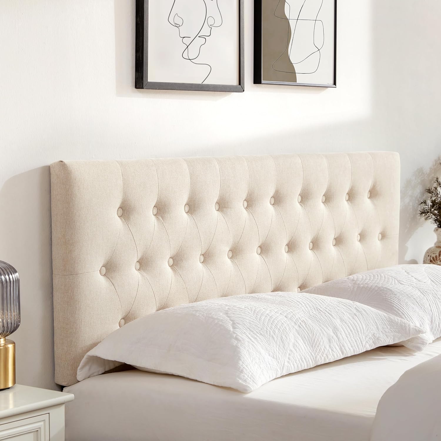 Huatean Home Tufted Upholstered Headboard Queen Size, Solid Wood Head Board with Durable Metal Legs, Adjustable Height Bed headboard from 37” to 51” Fabric Headboard in Modern Button Design, Beige