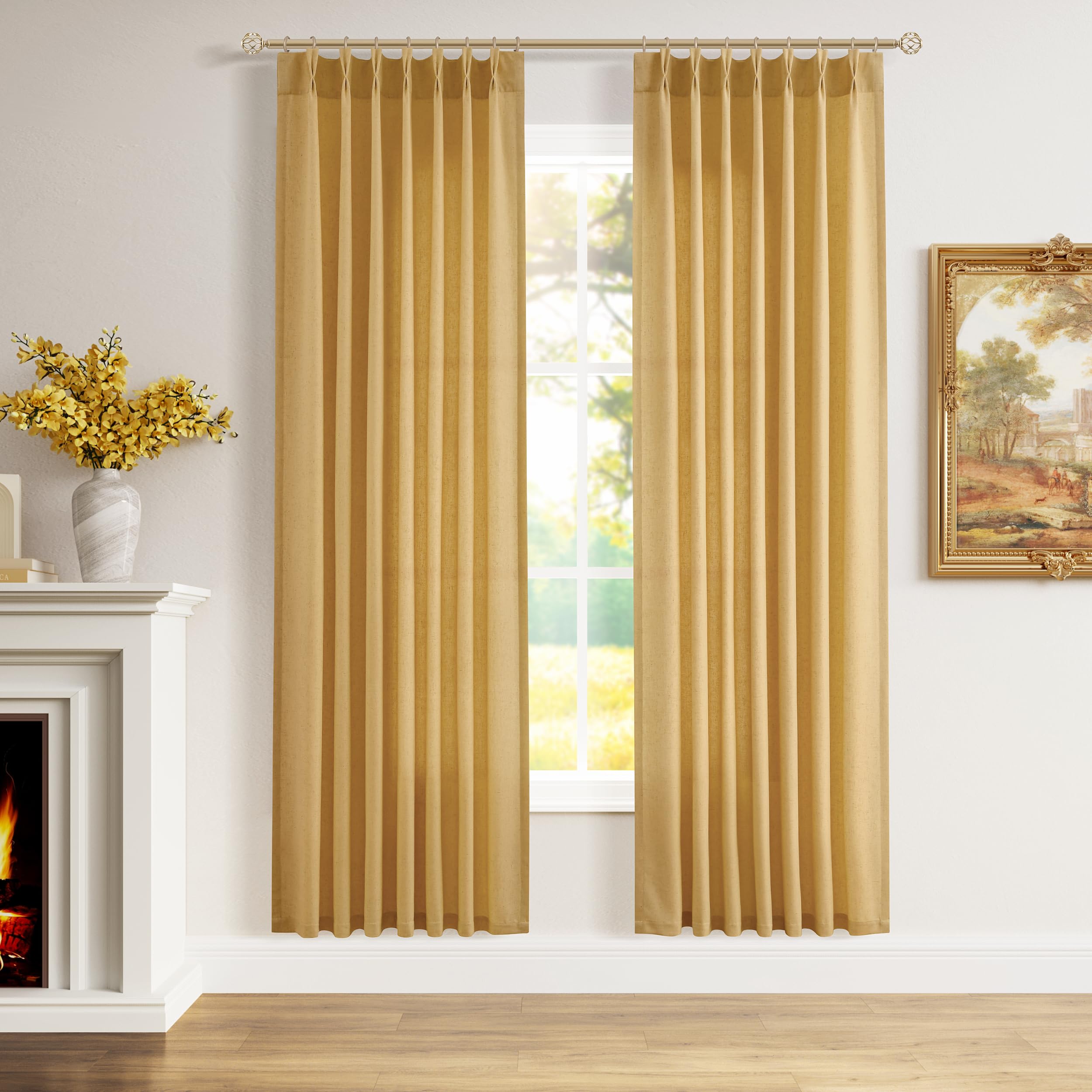 Extra Long Linen Curtains 108 Inch for Living Room Cream Pinch Pleated 9 FT Drapes Semi Sheer Ceiling to Floor Curtain for Bedroom Back Tab Flax Neutral Boho Decor Window, Natural Beige Ivory 2 Panels