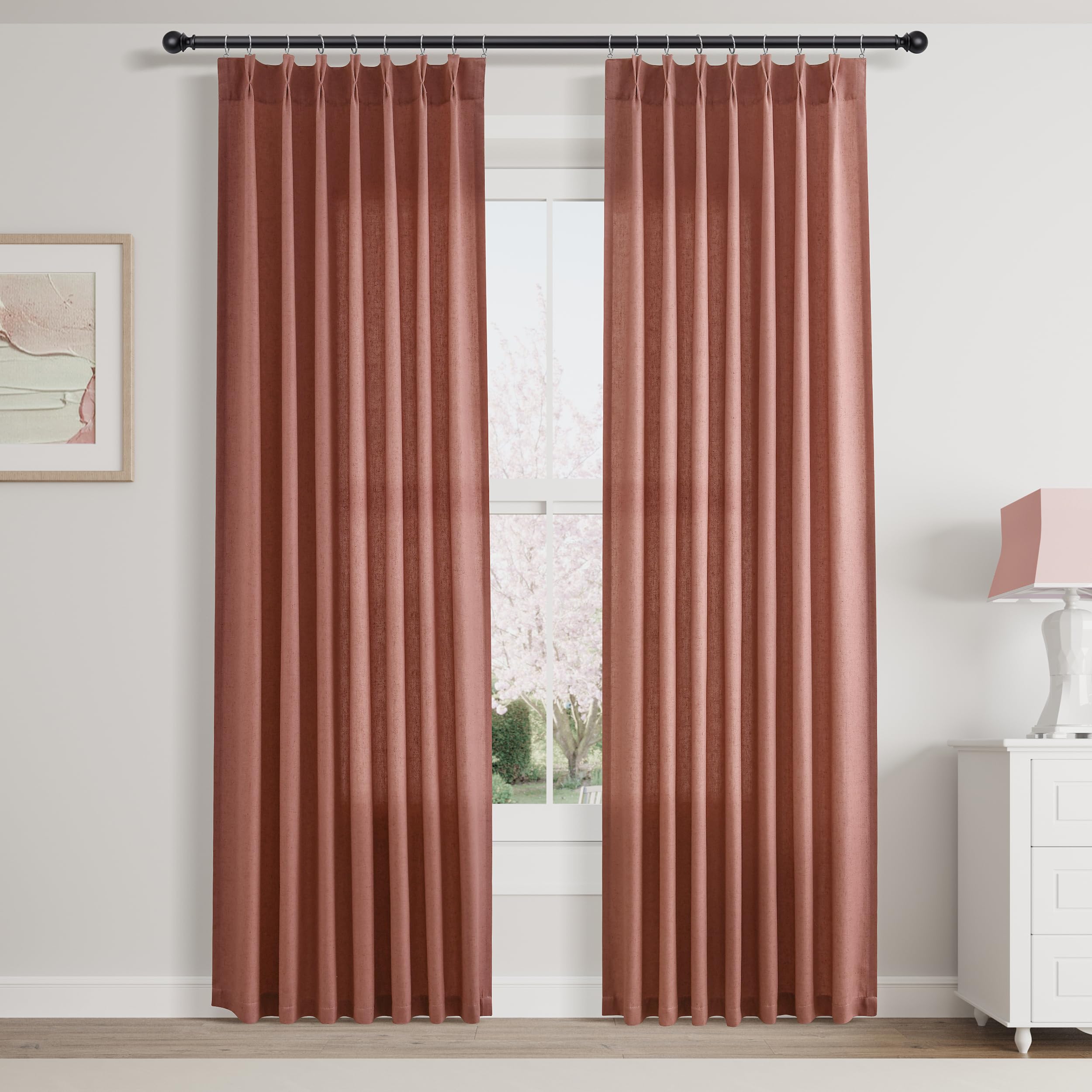 Extra Long Linen Curtains 108 Inch for Living Room Cream Pinch Pleated 9 FT Drapes Semi Sheer Ceiling to Floor Curtain for Bedroom Back Tab Flax Neutral Boho Decor Window, Natural Beige Ivory 2 Panels