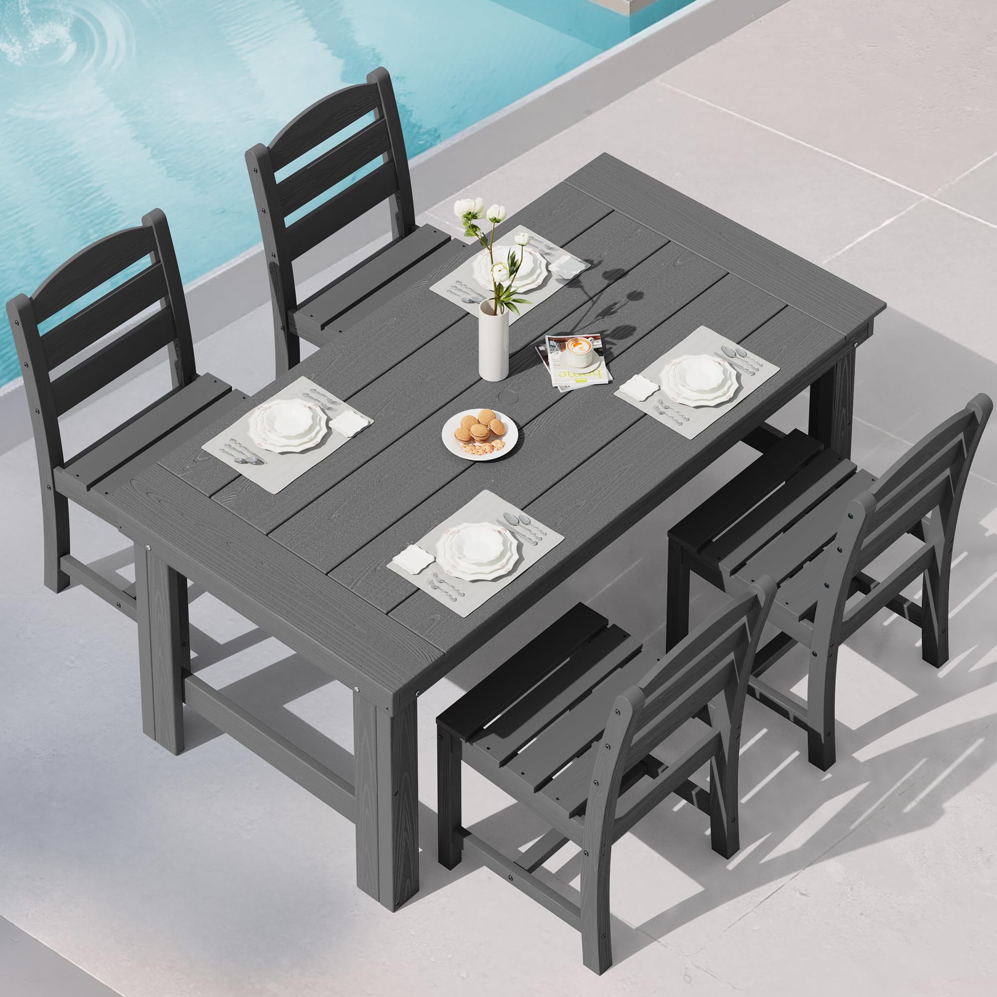 SERWALL Outdoor Dining Set for 4, HDPE Square Table and Chairs Set All Weather Patio Dining Set with 4 Classic Dining Chairs, 5-Piece Patio Dining Furniture for Deck, Brown