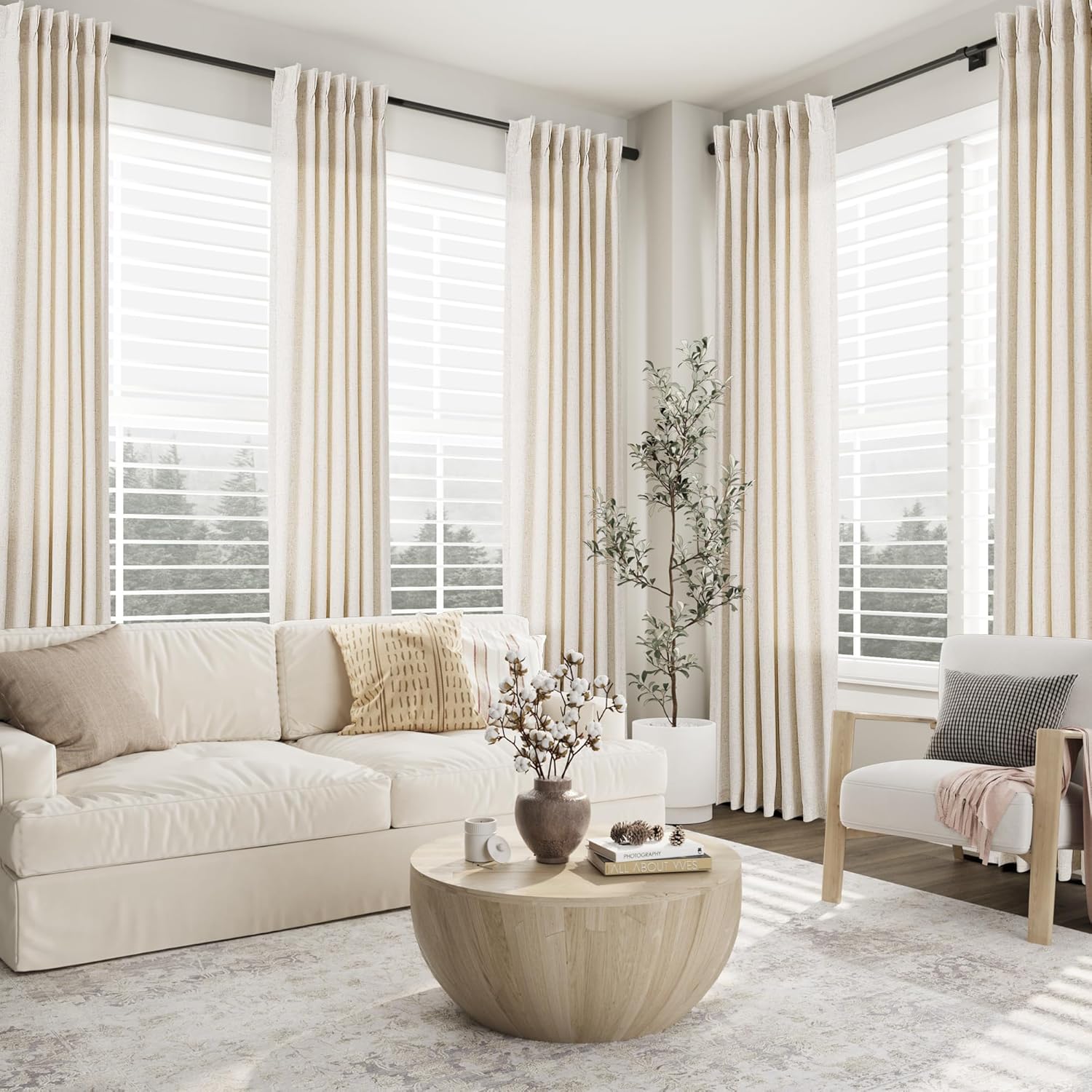 Extra Long Linen Curtains 108 Inch for Living Room Cream Pinch Pleated 9 FT Drapes Semi Sheer Ceiling to Floor Curtain for Bedroom Back Tab Flax Neutral Boho Decor Window, Natural Beige Ivory 2 Panels