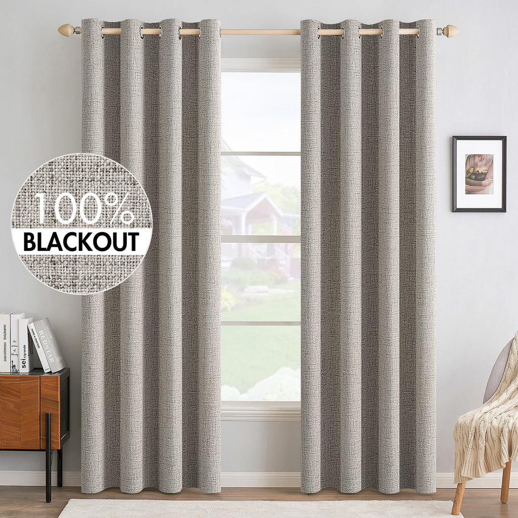 MIULEE Linen Texture Curtains for Bedroom Solid 100% Blackout Thermal Insulated Dusty Blue Curtains Grommet Room Darkening Drapes Luxury Decor for Living Room Nursery 52x84 Inch (2 Panels)