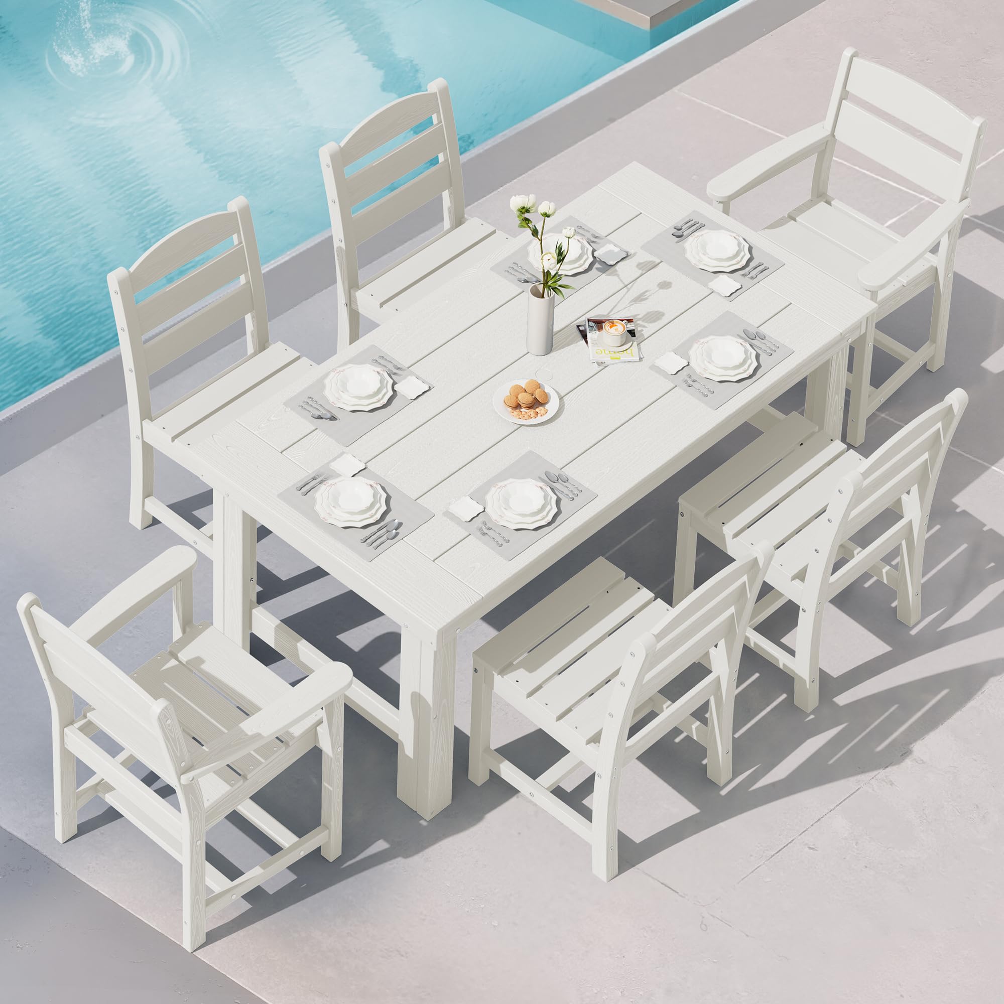 SERWALL Outdoor Dining Set for 4, HDPE Square Table and Chairs Set All Weather Patio Dining Set with 4 Classic Dining Chairs, 5-Piece Patio Dining Furniture for Deck, Brown