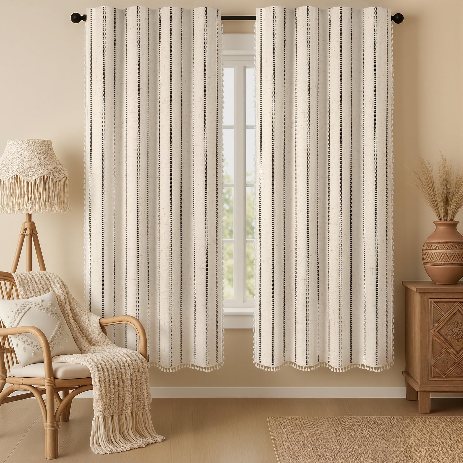 Boho Blackout Curtains 2 Panels 84 Inch for Living Room Bedroom, Beige Linen Texture Farmhouse Curtains with Tassels and Cotton Embroidery Vintage Rustic Western Rod Pocket