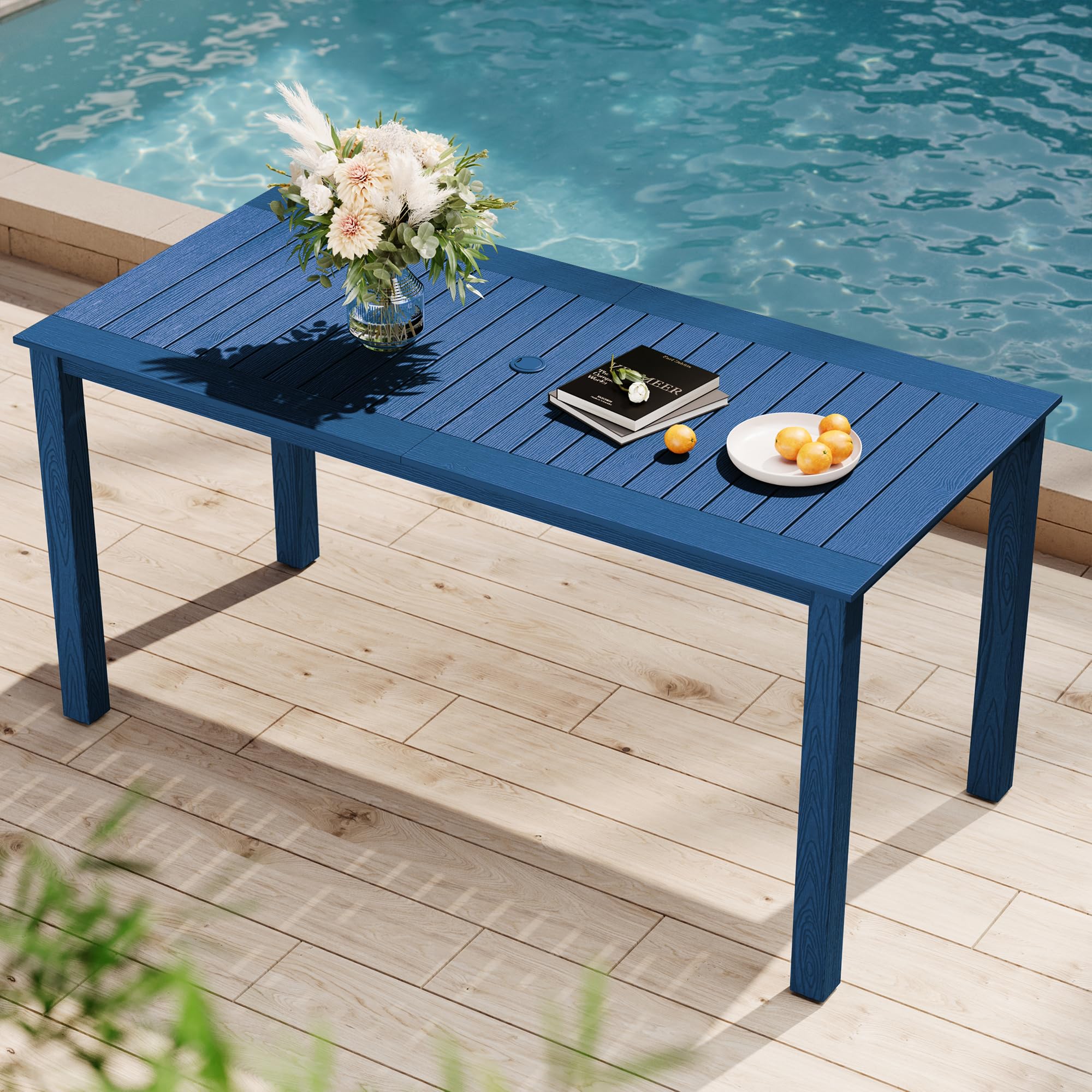 YEFU HIPS Patio Table Set: 7 Piece Outdoor Table and Chairs Dining Furniture Set with Umbrella Hole - Teak Modern Plastic Dining Sets 6 Person for Outside Deck with Metal Aluminum Frame