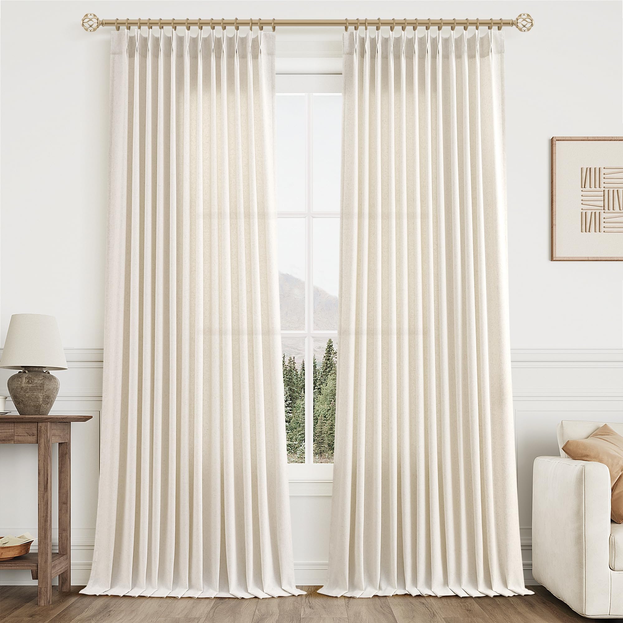 Extra Long Linen Curtains 108 Inch for Living Room Cream Pinch Pleated 9 FT Drapes Semi Sheer Ceiling to Floor Curtain for Bedroom Back Tab Flax Neutral Boho Decor Window, Natural Beige Ivory 2 Panels