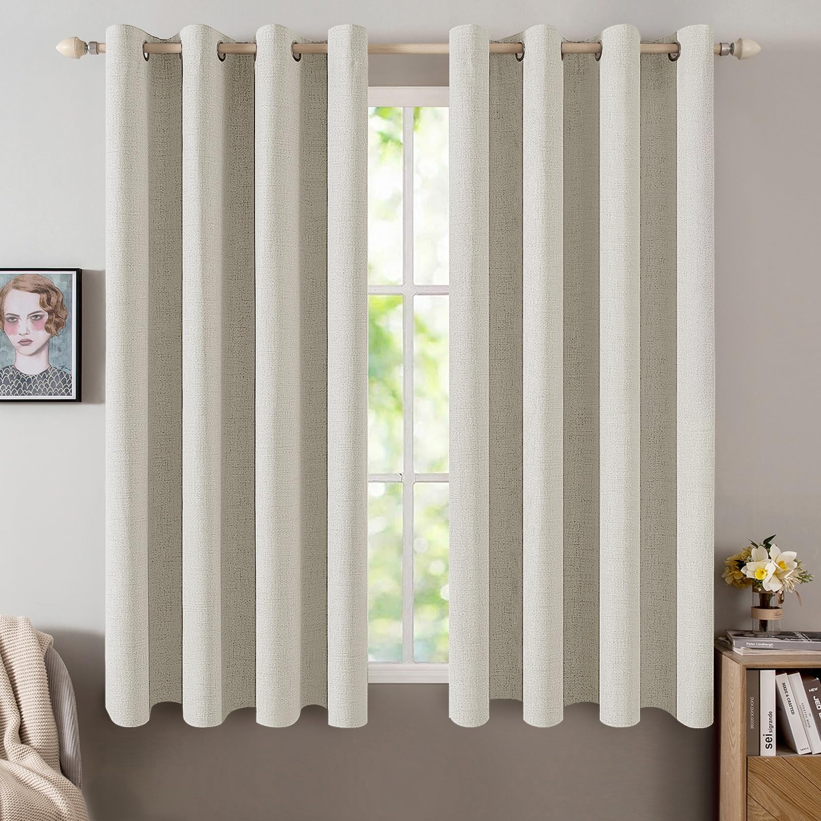 MIULEE 100% Blackout Linen Textured Curtains for Bedroom Solid Thermal Insulated Natural Beige Grommet Room Darkening Curtains & Drapes Luxury Decor for Living Room Nursery 52 x 96 Inch (2 Panels)