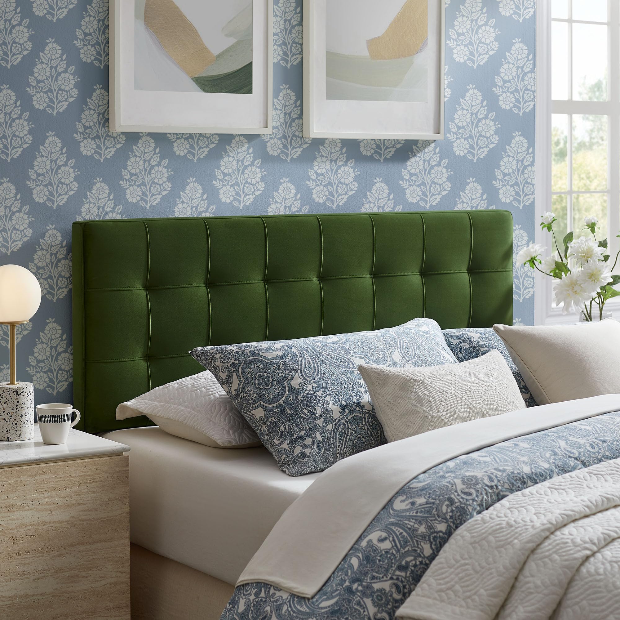 Modway Lily Performance Velvet Full Size Headboard with Biscuit Tufting in Alabaster - Stain-Resistant Upholstery with Padded Design and 5 Height-Adjustable Mounts