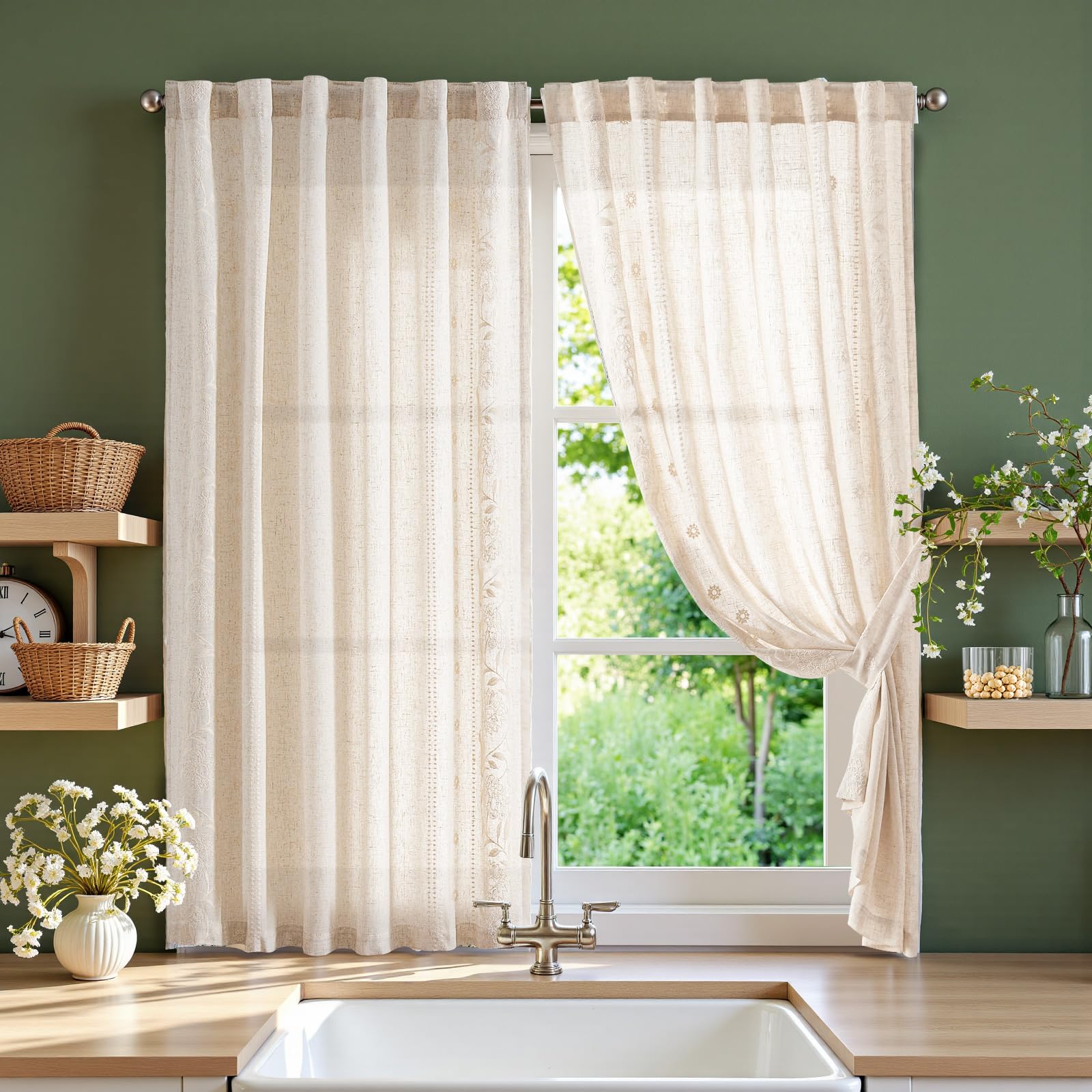jinchan Winslow Linen Curtains for Bedroom 84 Inches Length Embroidered Bordered Floral Curtains for Living Room Farmhouse Decor Light Filtering Window Treatments Ivory on Beige Drapes 2 Panels