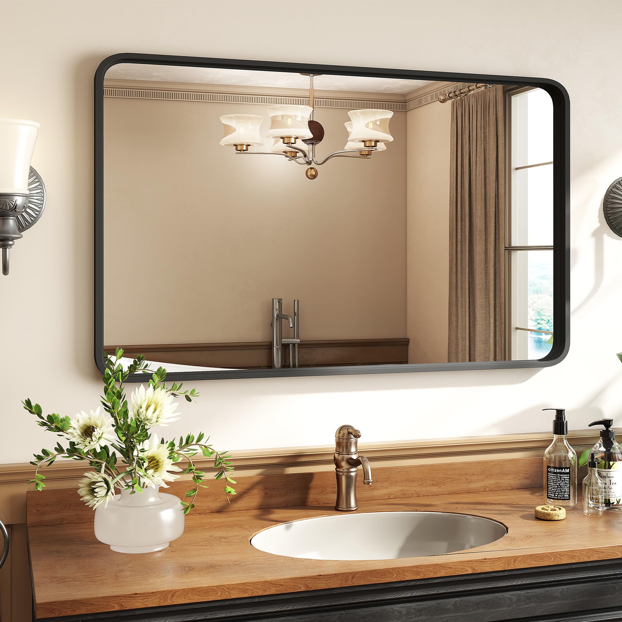 Bathroom Mirror for Wall, 24 Inch Round Mirror, Matte Black Metal Framed Circle Vanity Mirror for Bathroom Bedroom Living Room Entryway, Anti-Rust, Tempered Glass, Hanging or Leaning