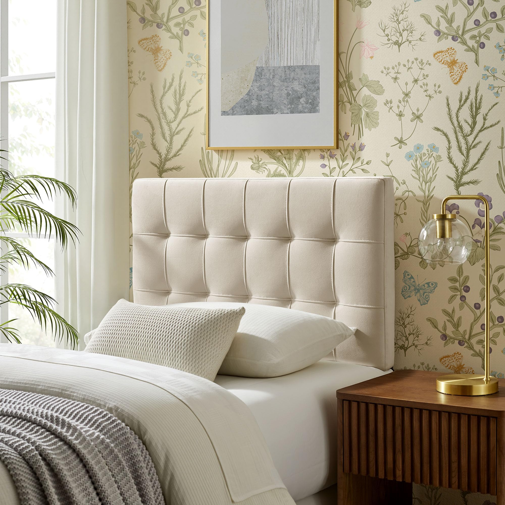 Modway Lily Performance Velvet Full Size Headboard with Biscuit Tufting in Alabaster - Stain-Resistant Upholstery with Padded Design and 5 Height-Adjustable Mounts