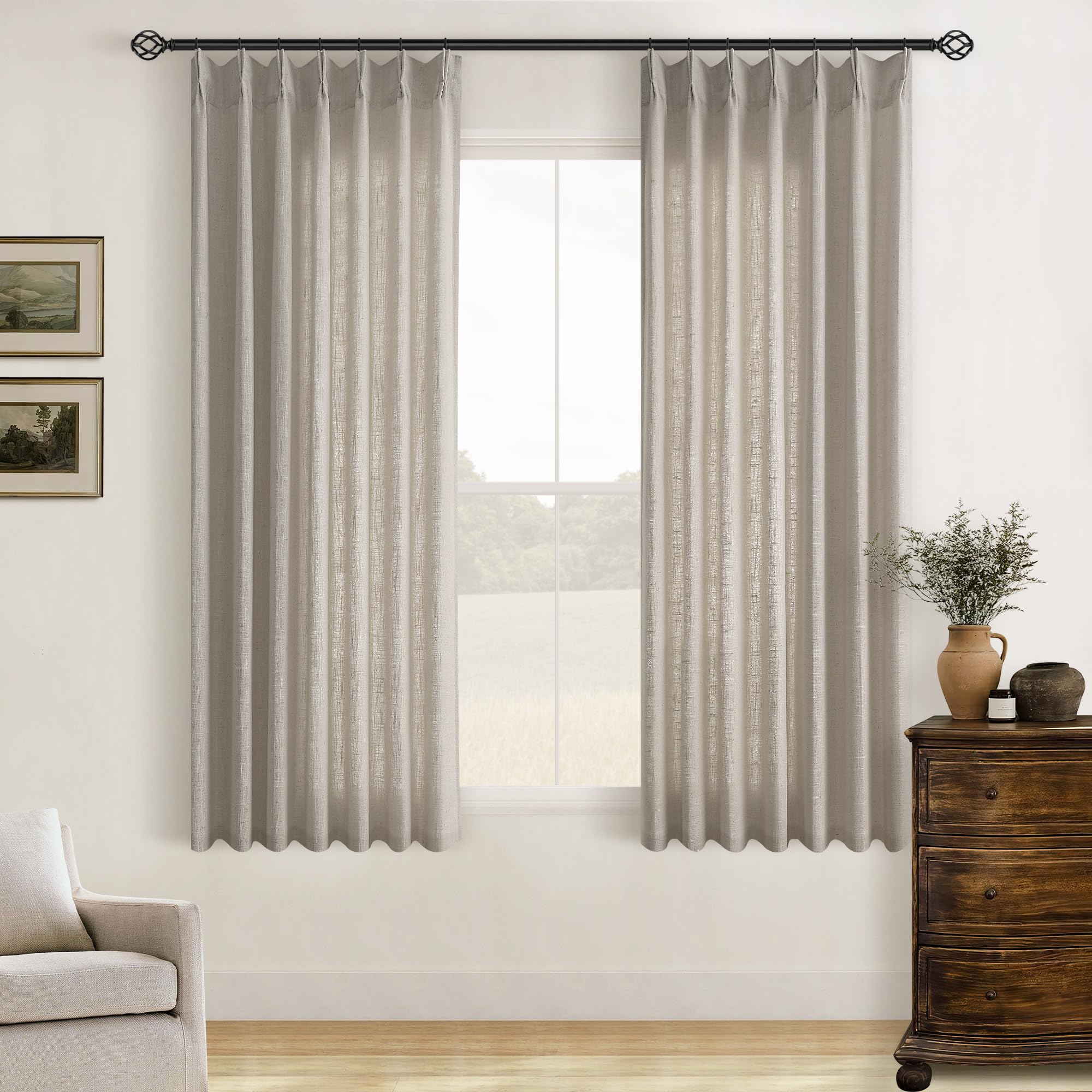 Pinch Pleated Linen Curtains 108 Inches Long for Living Room 2 Panels Set Cream Ivory Flax Double Pleated Drapes Back Tab Neutral Boho Ceiling Floor 108 Inch Window Curtains Bedroom Natural Birch