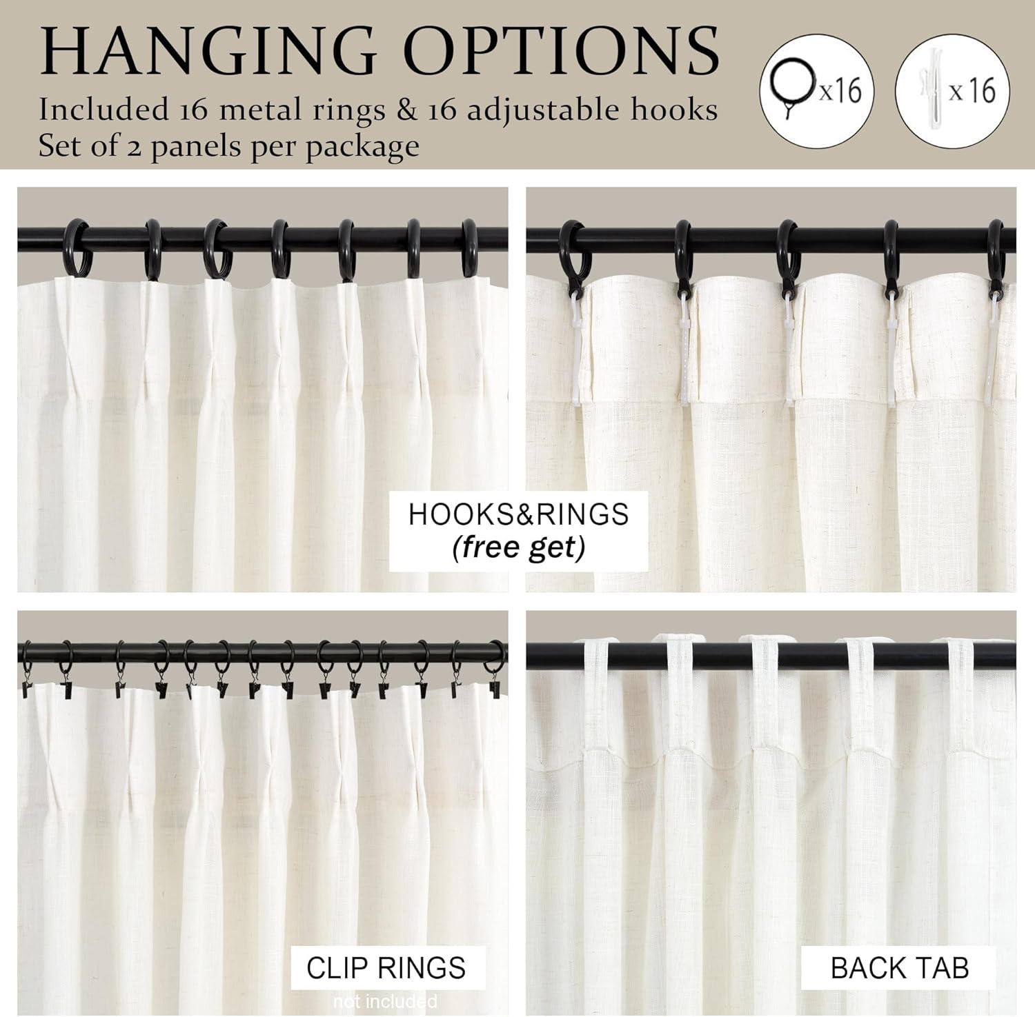 Natural Pinch Pleated Linen Cream Curtains 84 Inch Length 2 Panels for Living Room Bedroom Ivory Semi Sheer Light Filtering Modern Farmhouse Boho Neutral Rustic Long Drapes Back Tab Pleat Hooks Rings