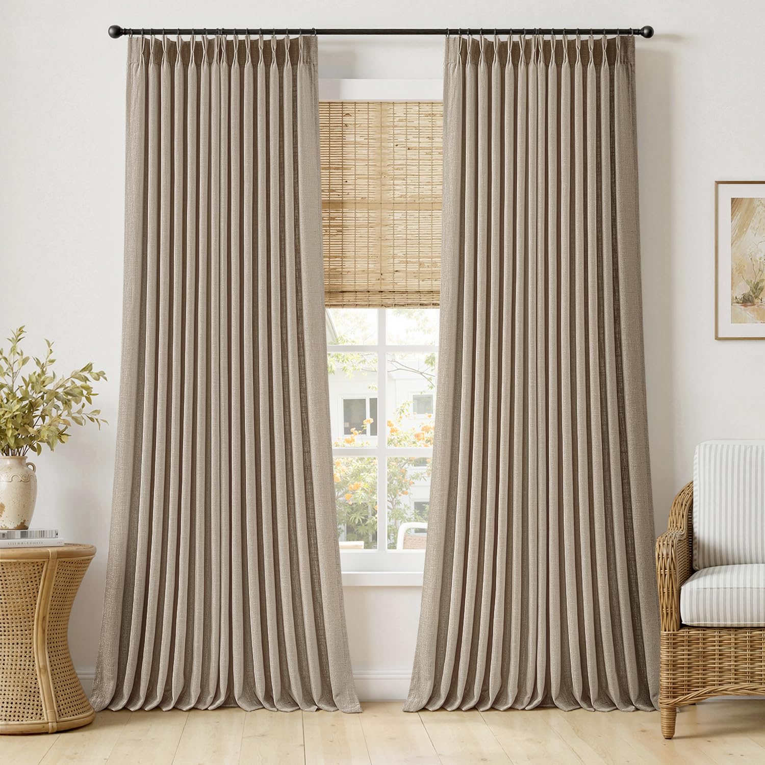 MIULEE Pinch Pleated Thick Linen Curtains 90 Inches Long 2 Panels for Living Room Bedroom, Memory Trained Pinch Pleat Drapes Back Tab Light Filtering Natural Ivory Cream Window Curtains with Hooks