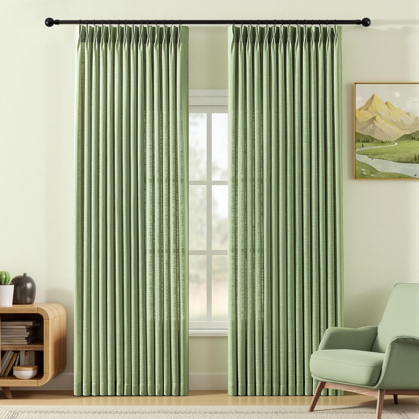Pinch Pleated Linen Curtains 84 Inch Length 2 Panels Set, Light Filtering Linen Blend Sheer Drapes Memory Trained Pleated Curtain Back Tab with Hooks Rings for Living Room Bedroom, Natural, W40xL84